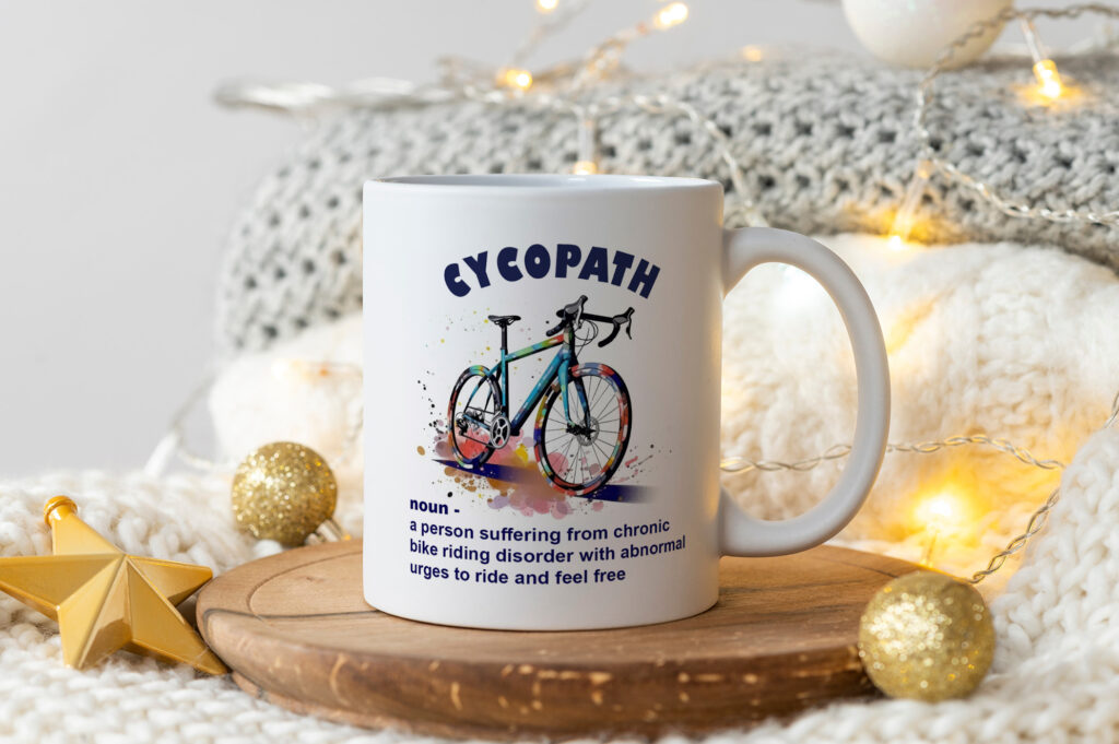 White ceramic coffee cup mockup with golden xmas decorations and copy space for your design. Front view 11oz cup background for Christmas promotional or souvenir imprint design