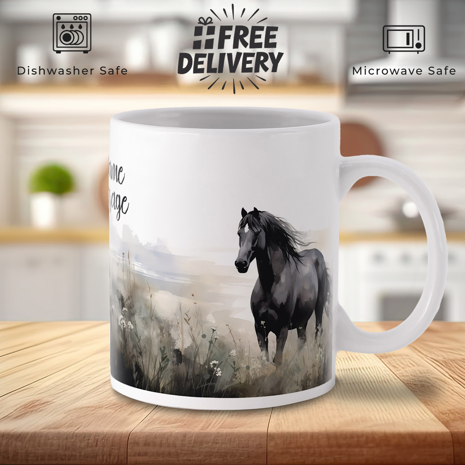 Majestic Black Horse Mug - Serene Countryside Design