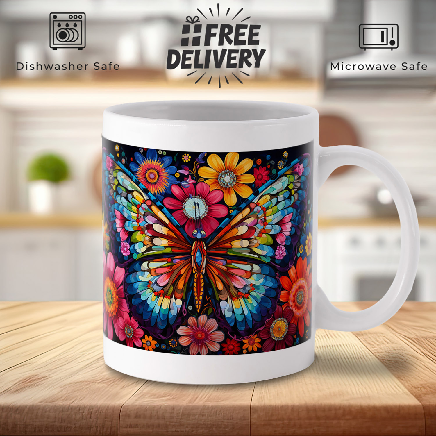 Vibrant Butterfly Mosaic Mug - Floral Ceramic Gift