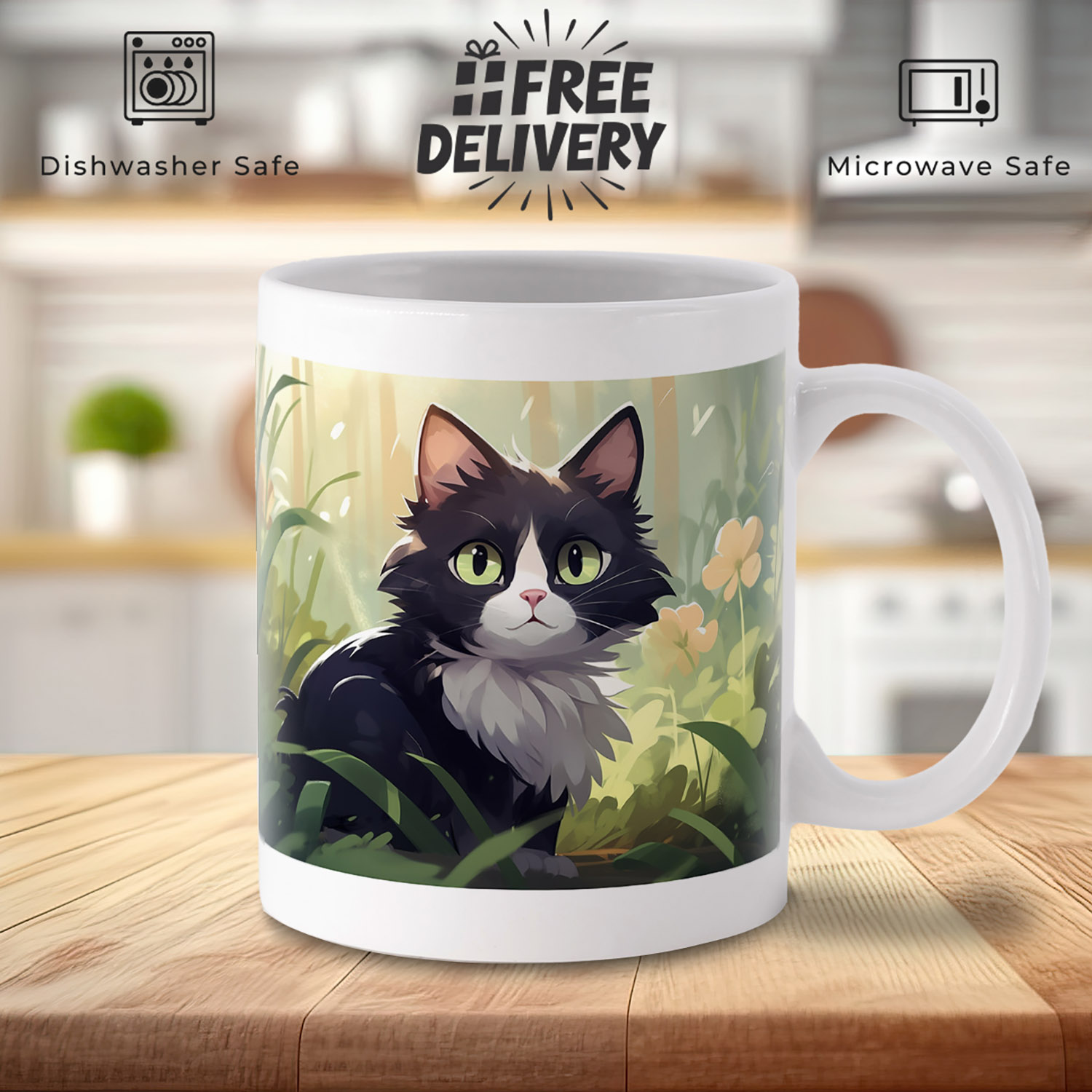 Charming Black & White Cat Mug for Garden Lovers - 11oz