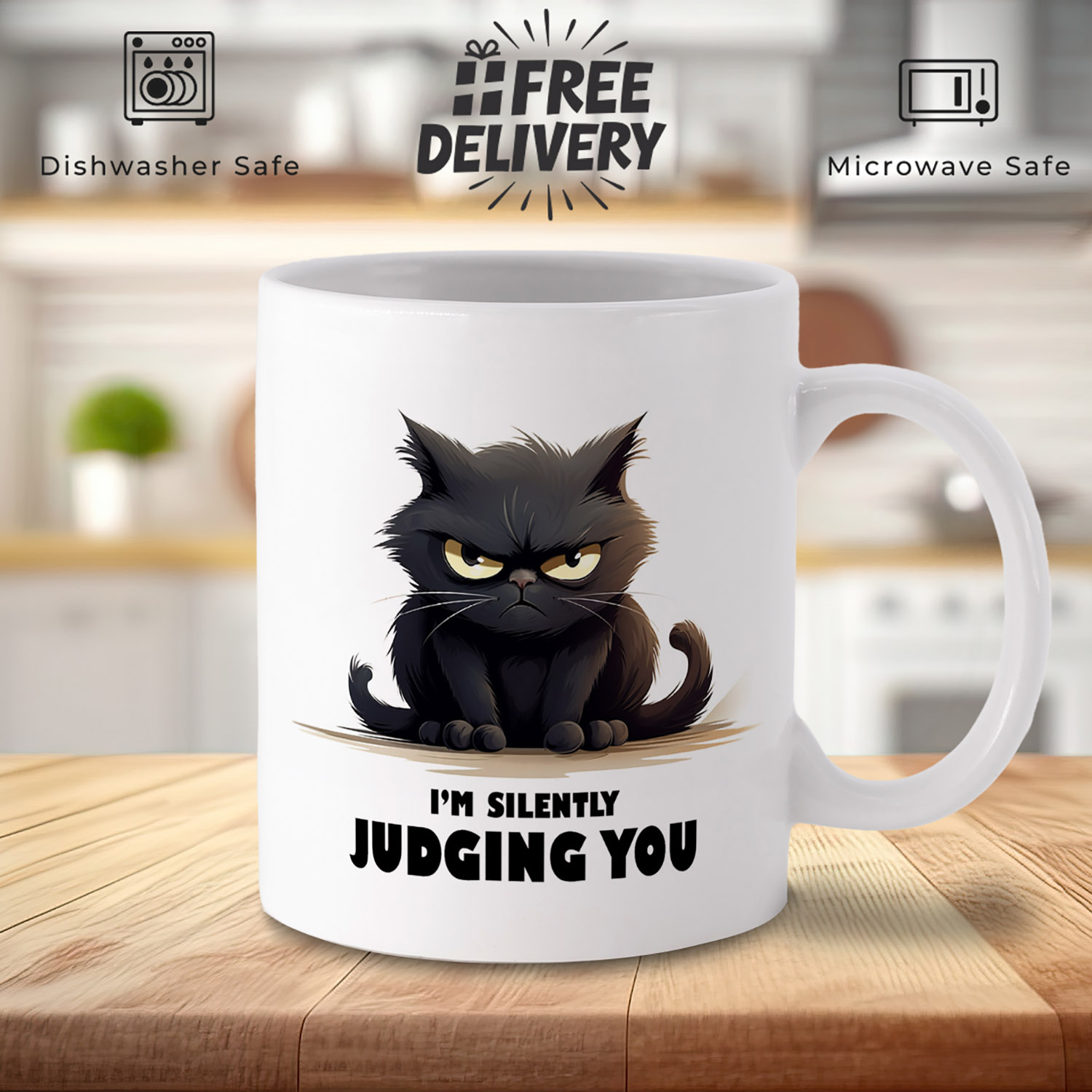 Silently Judging Black Cat Mug - 11oz Ceramic Gift for Cat Lovers