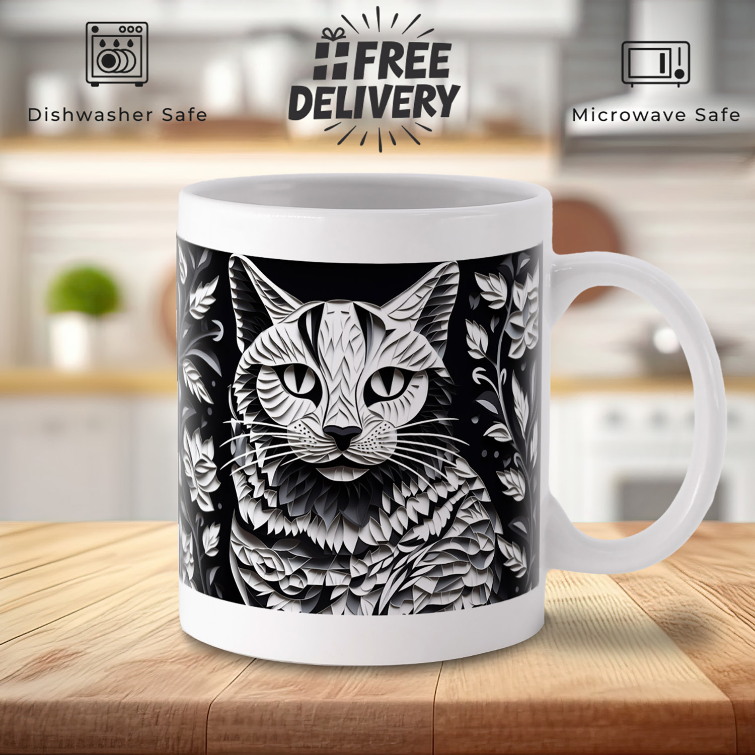 Monochrome Cat Mug - Elegant 11oz Ceramic for Cat Lovers