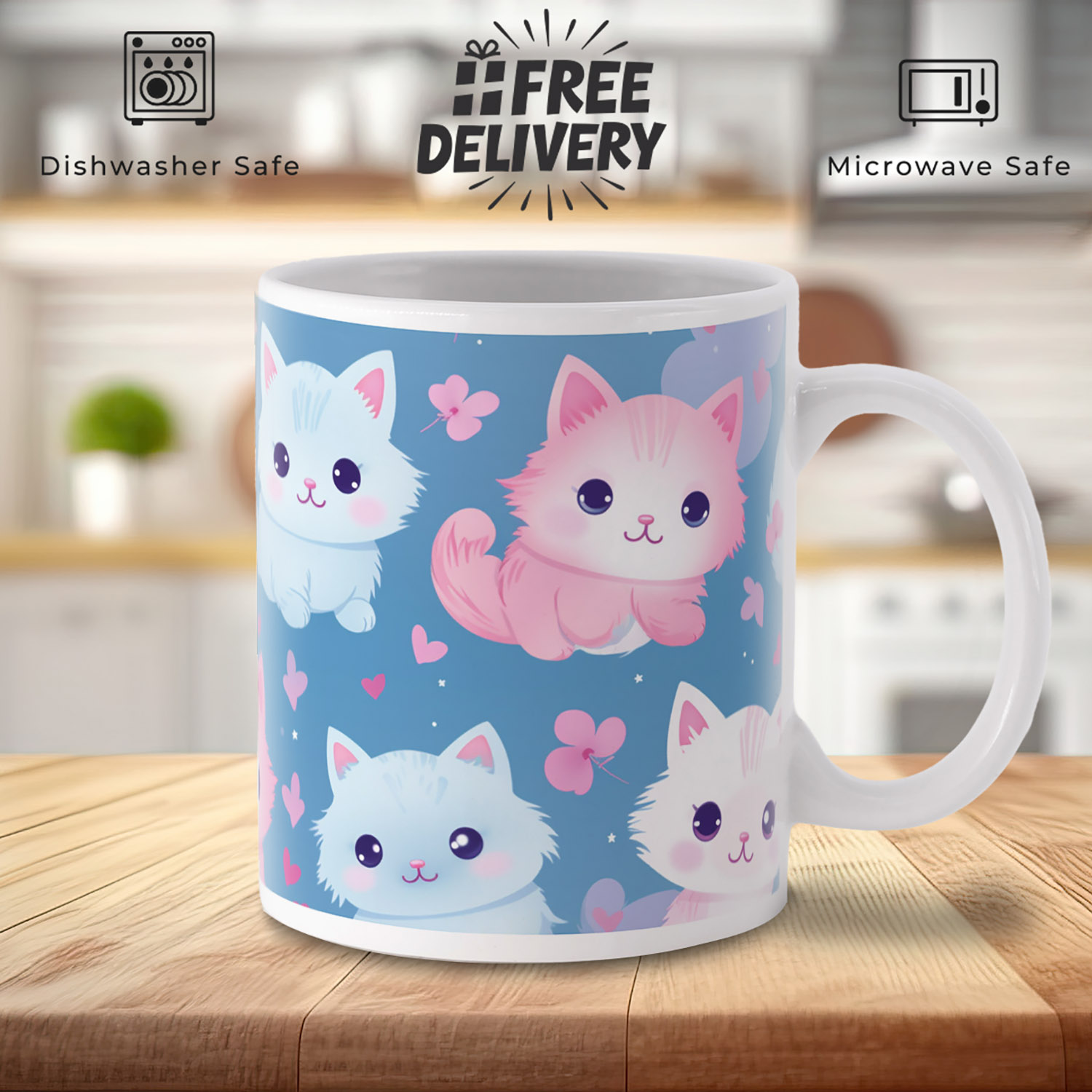 Charming Cat Hearts Mug - Cute Pink & Blue Ceramic Gift