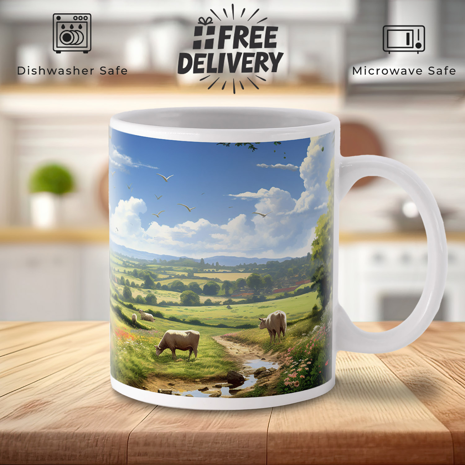 Pastoral Countryside Mug: Serene Fields & Grazing Cows