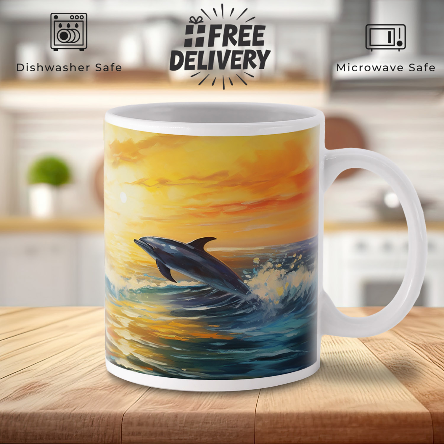 Dolphin Sunset Dreamscape Mug - 11oz Ceramic Gift for Ocean Lovers