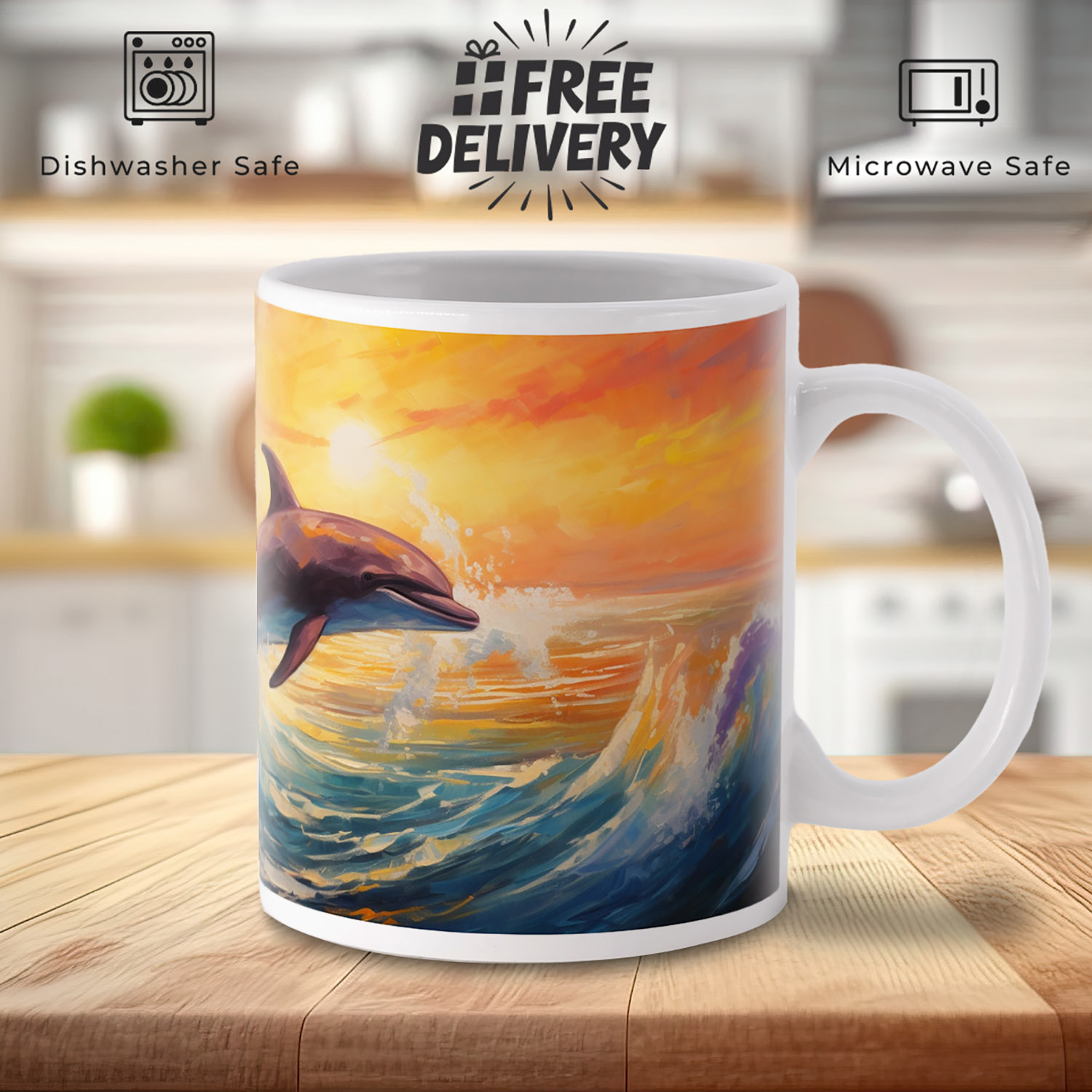 Dolphin Sunset Dreamscape Mug - 11oz Ceramic Gift for Ocean Lovers