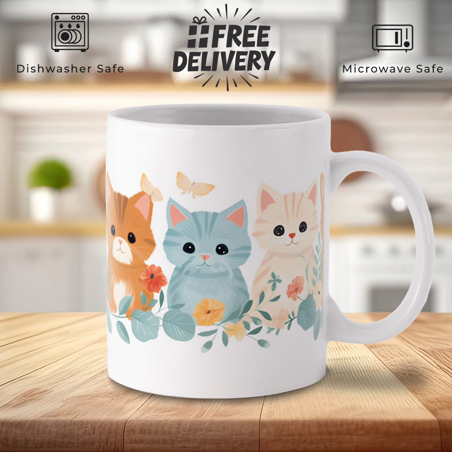 Charming Floral Kittens Mug - Perfect Gift for Cat Lovers