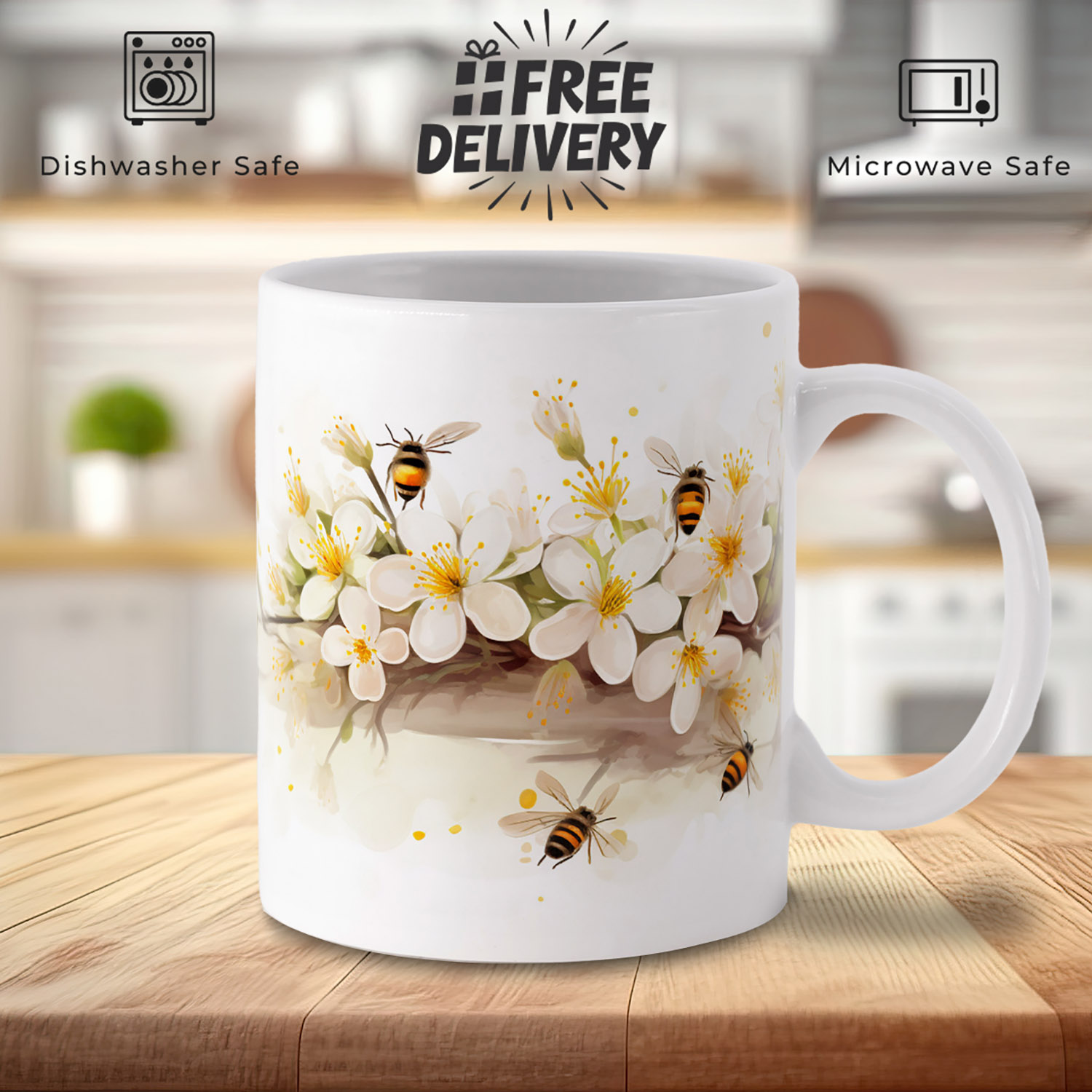 Floral Bee Garden Mug - 11oz Blossom Buzz Design