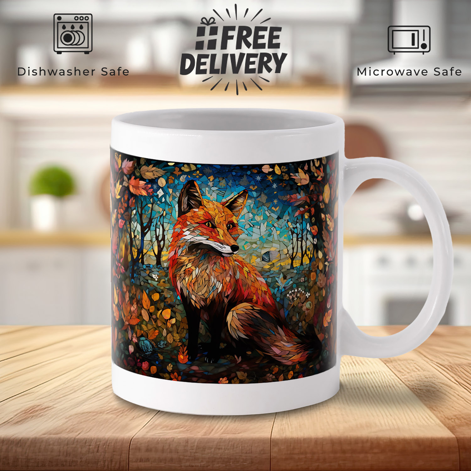 Autumnal Fox Mosaic Mug - 11oz Ceramic Gift for Nature Lovers