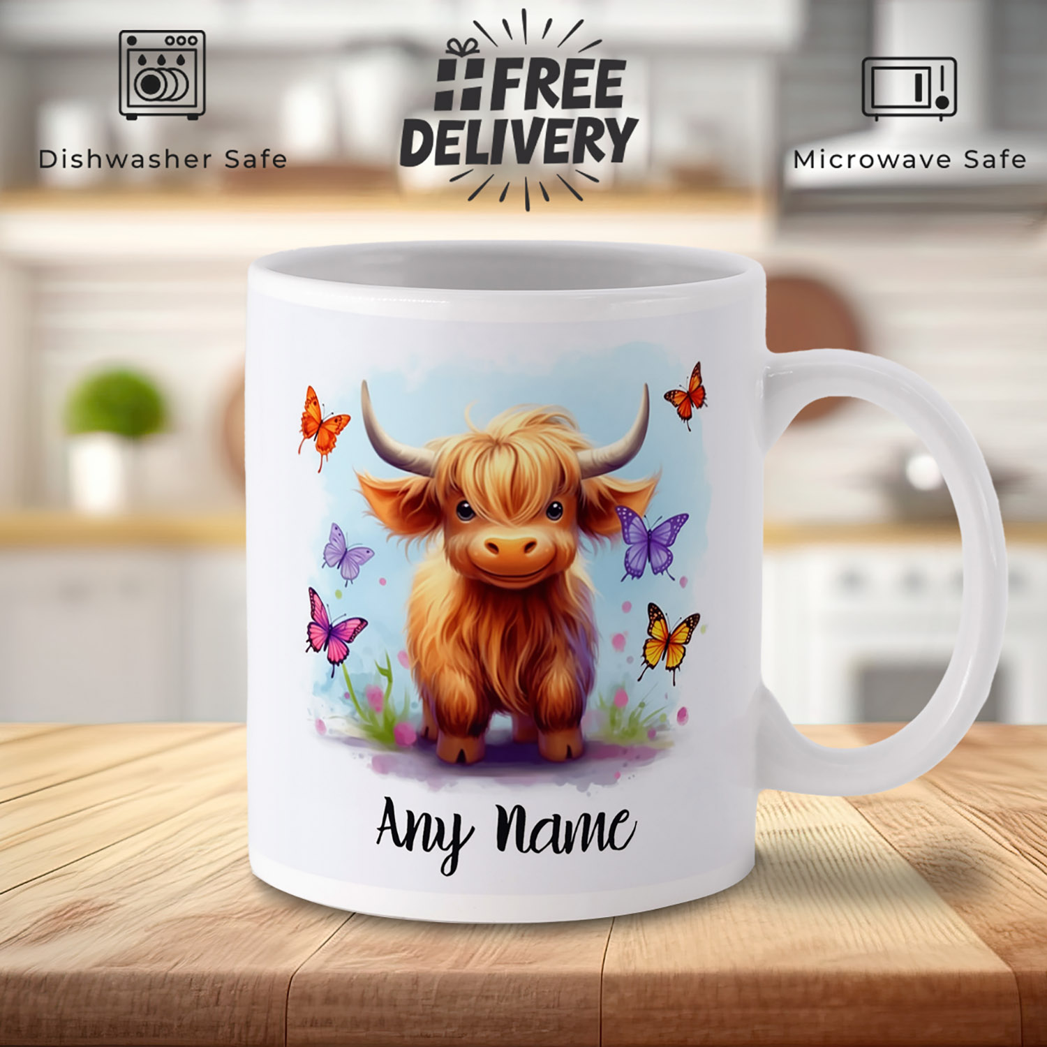 Personalised Highland Cow Mug with Butterflies - Perfect Gift!