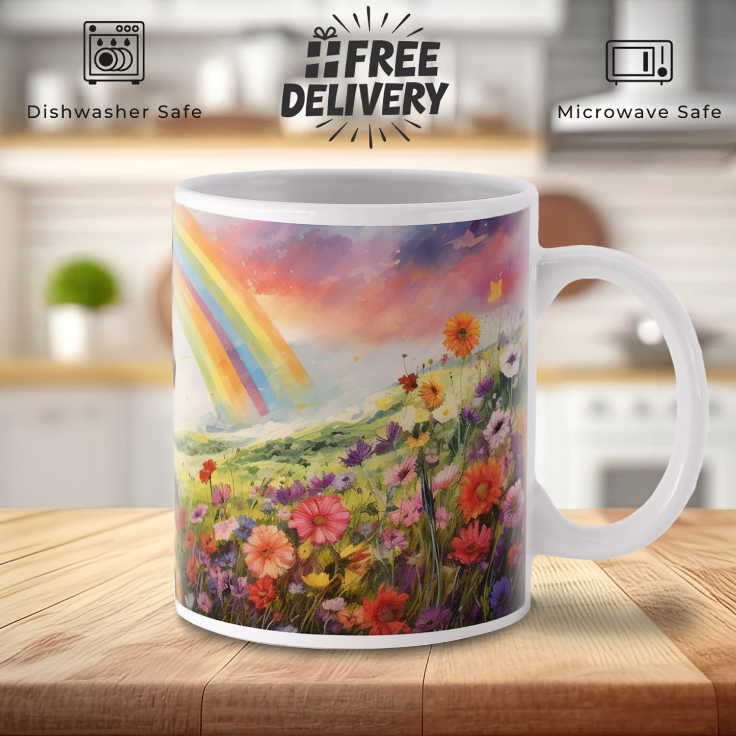 Enchanted Meadow Rainbow Mug - 11oz Ceramic Gift for Nature Lovers