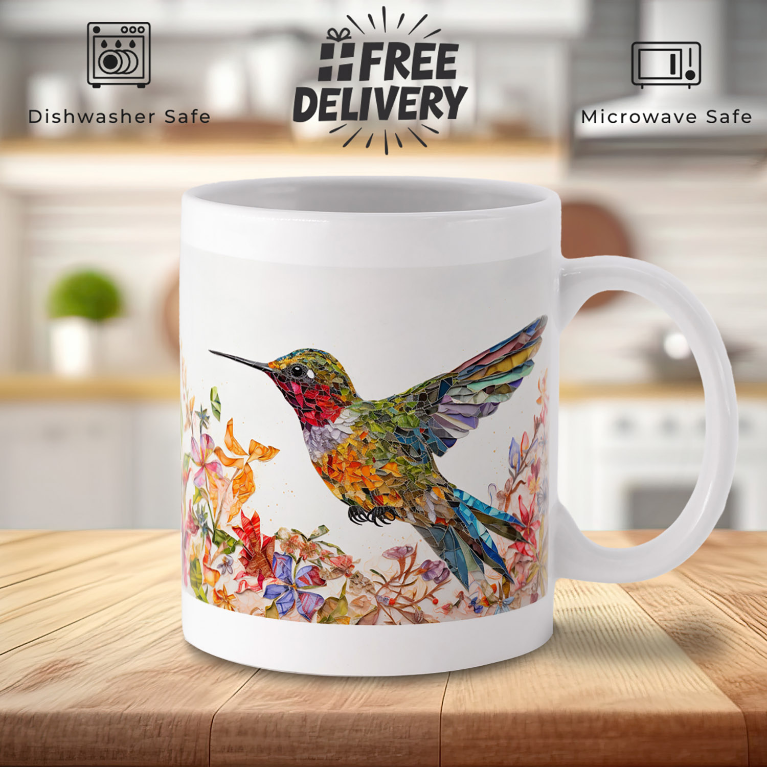 Enchanting Hummingbird Mosaic Mug - 11oz Ceramic Delight