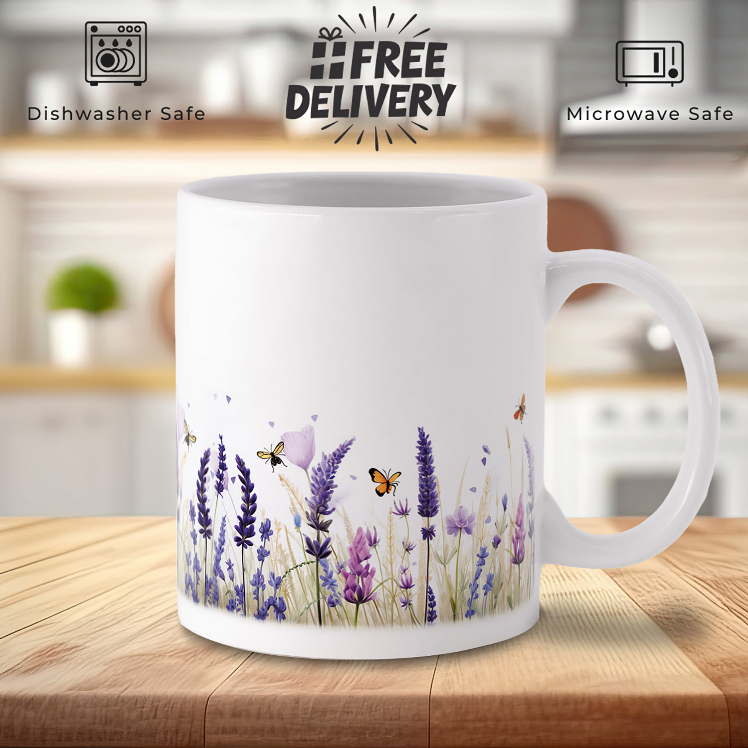 Floral Lavender Bees 11oz Ceramic Mug - Nature-Inspired Gift