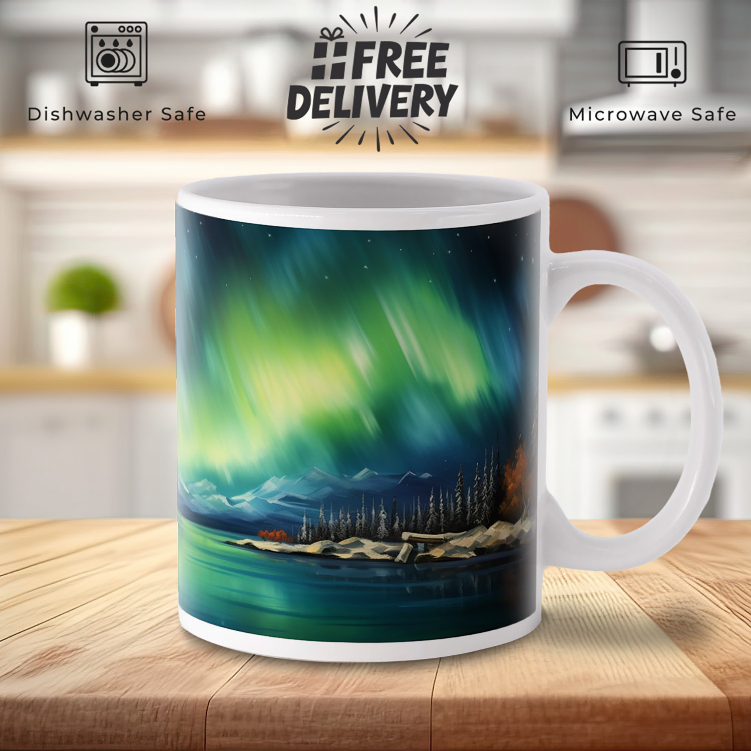 Aurora Borealis Lakeside Mug - 11oz Ceramic Gift for Nature Lovers