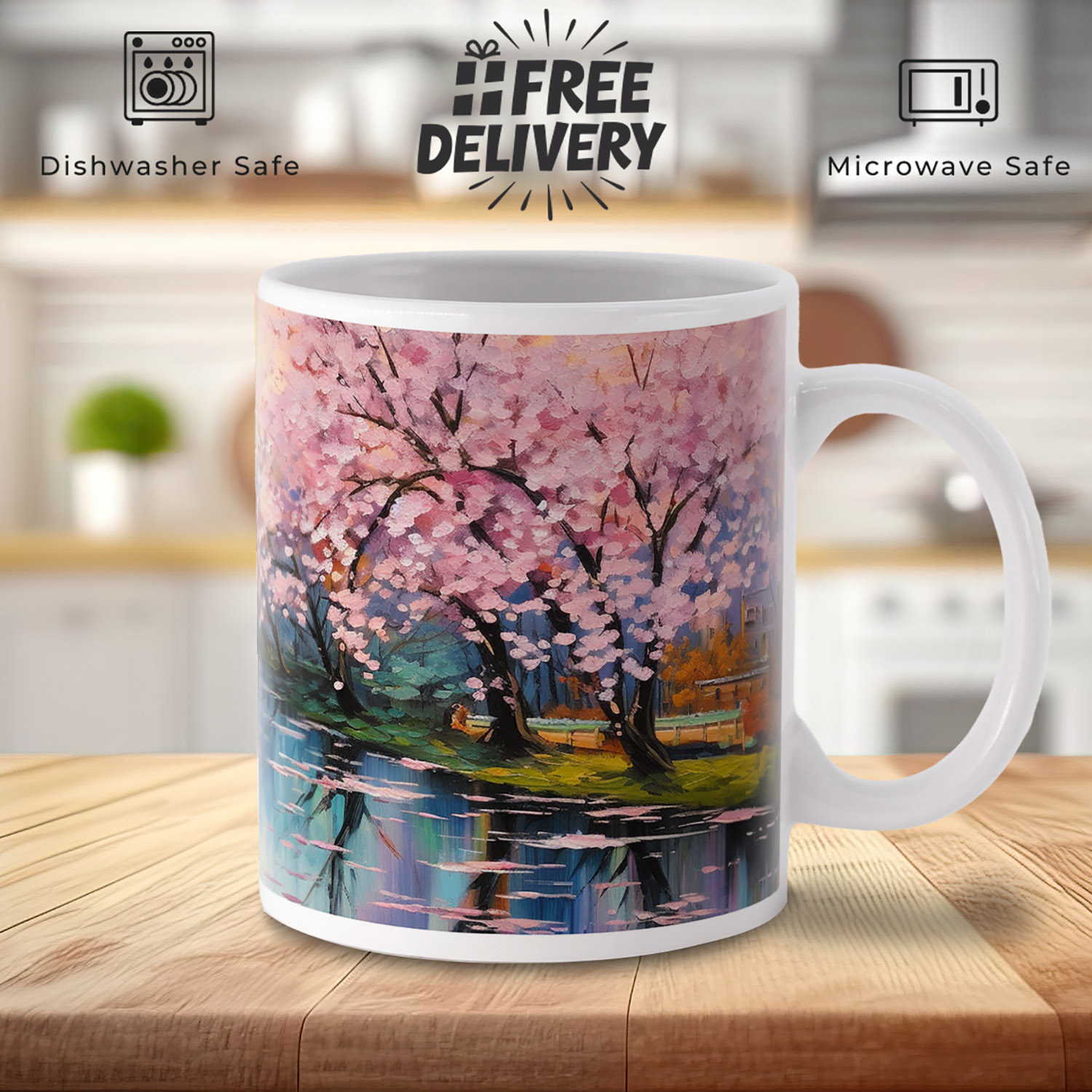 Monet-Inspired Pink Blossom Ceramic Mug - 11oz Art Gift