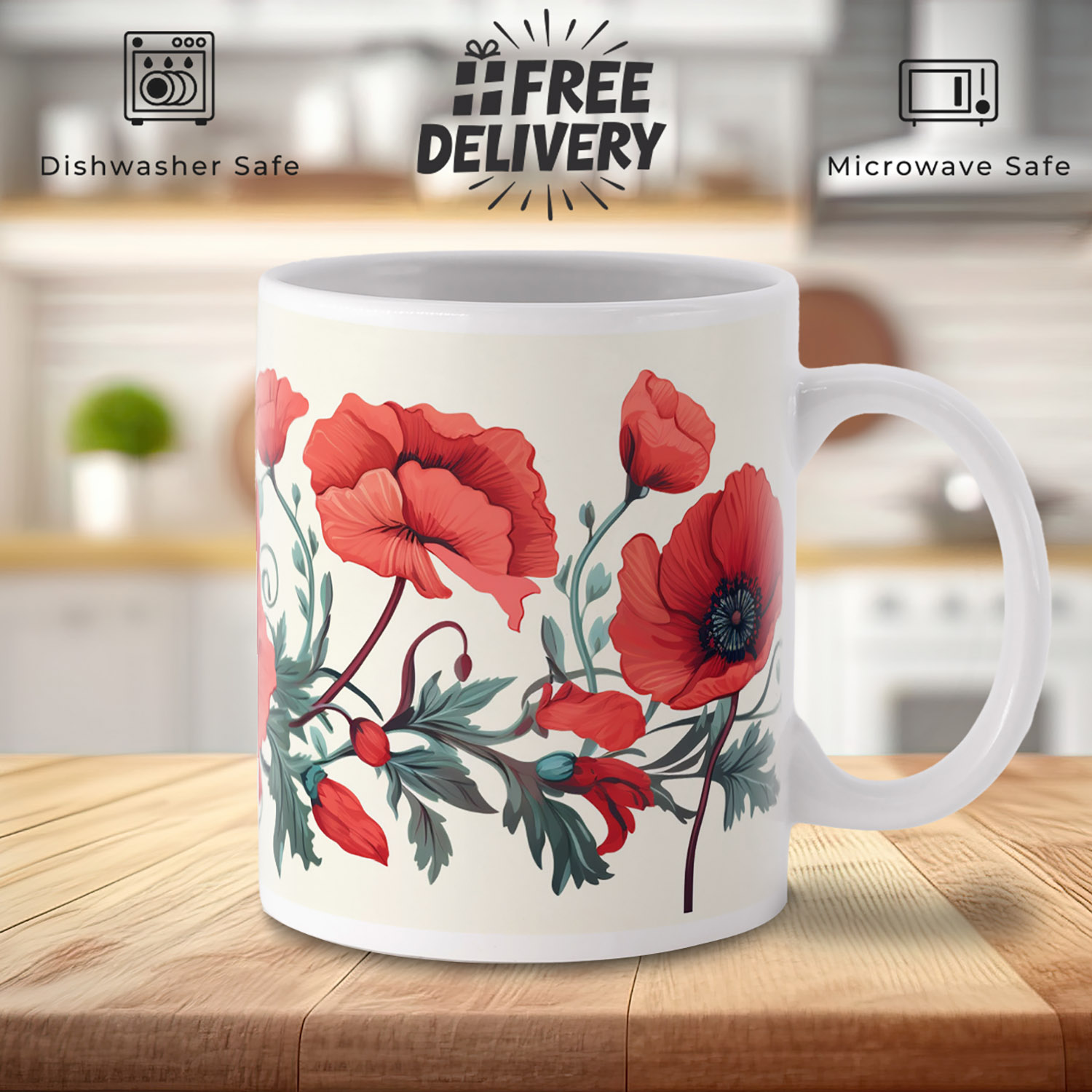 Charming Poppy Print 11oz Ceramic Coffee Mug for Floral Lovers