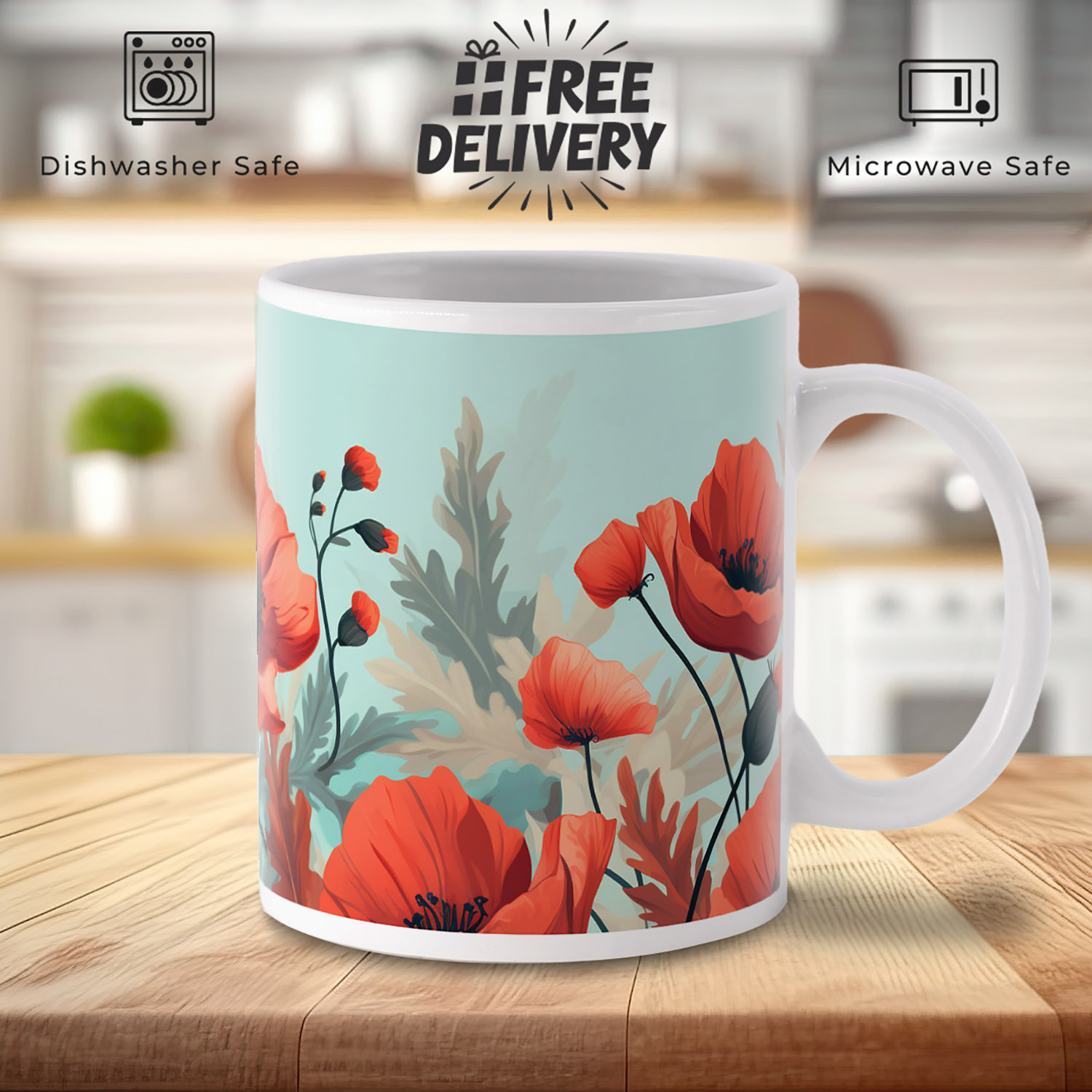 Charming Blue Sky & Red Poppies 11oz Ceramic Coffee Mug