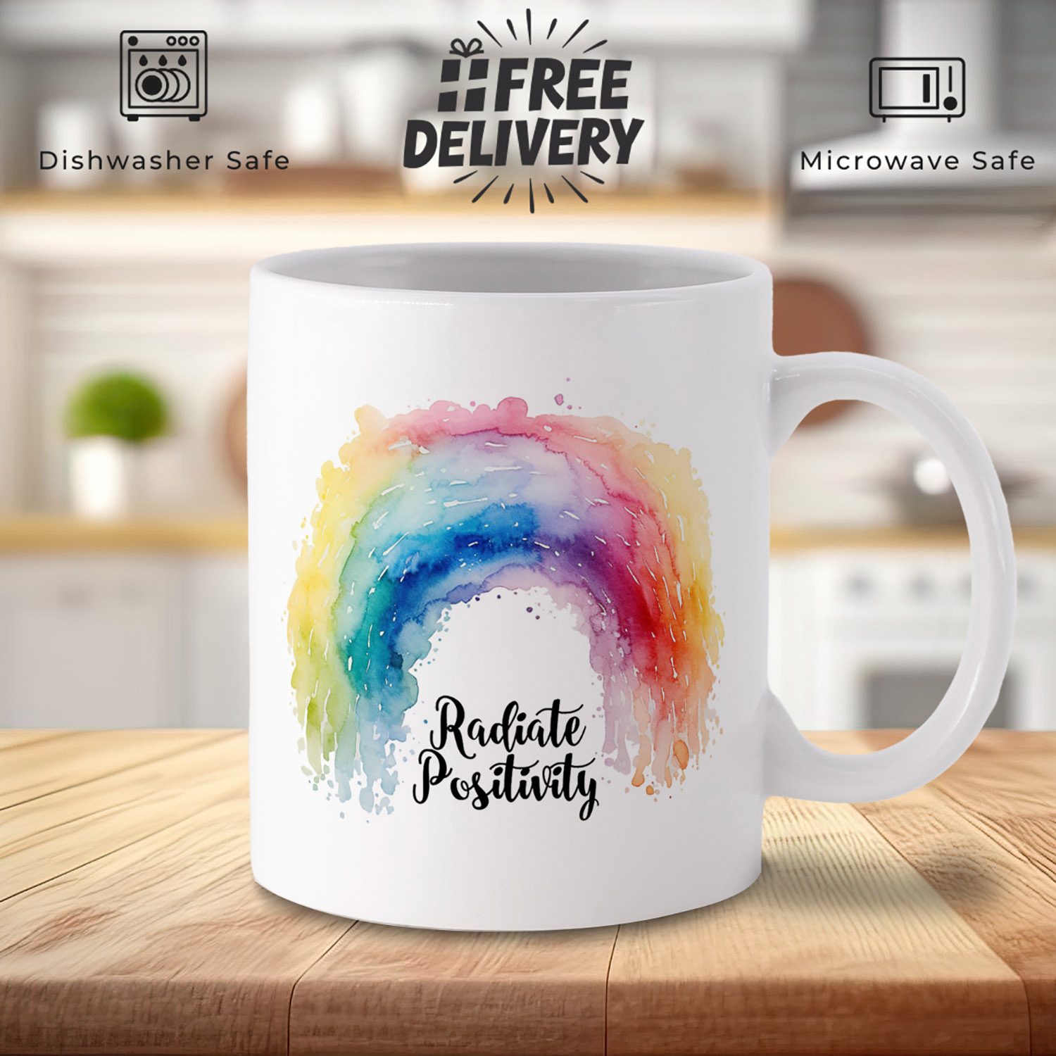 Radiate Positivity Rainbow Watercolour Mug - 11oz Ceramic