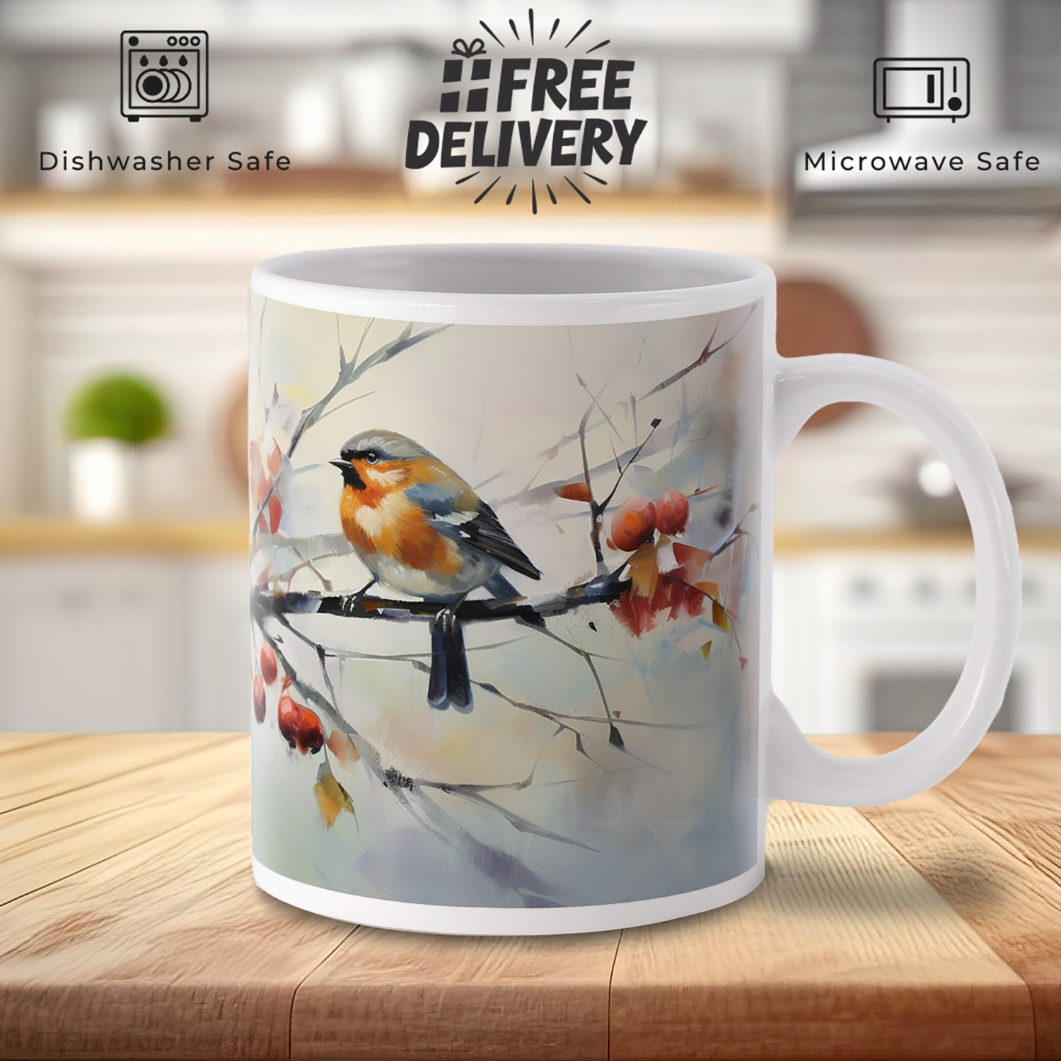 Charming Robin & Holly Ceramic Mug - Winter Warmth Gift