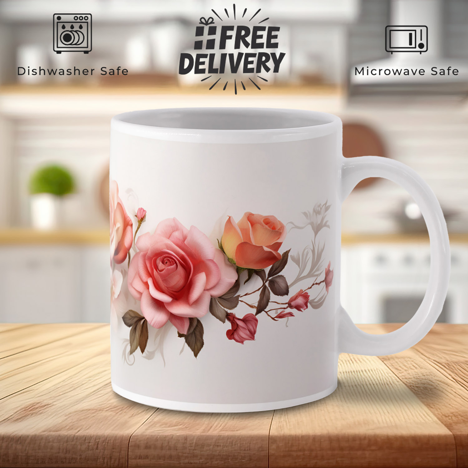 Elegant Floral Rose Ceramic Coffee Mug - 11oz Gift Idea