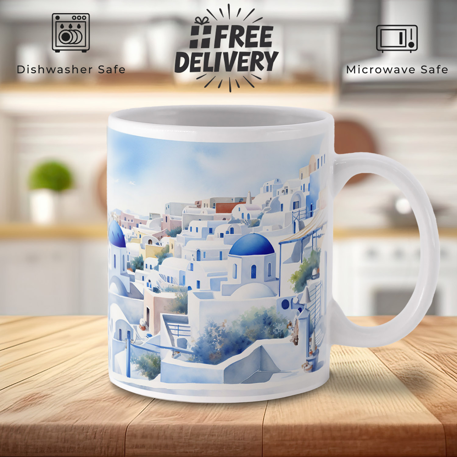 Santorini Dream Mug: Greek Island Vista for Coffee Lovers