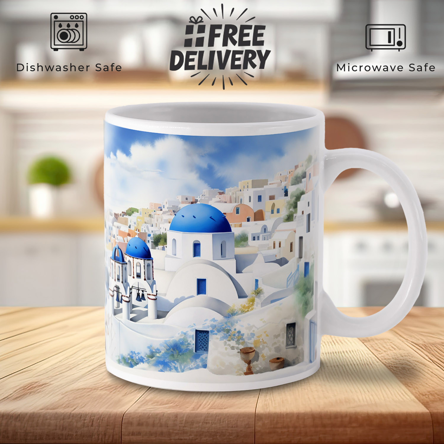 Santorini Dream 11oz Mug - Greek Island Panorama Design