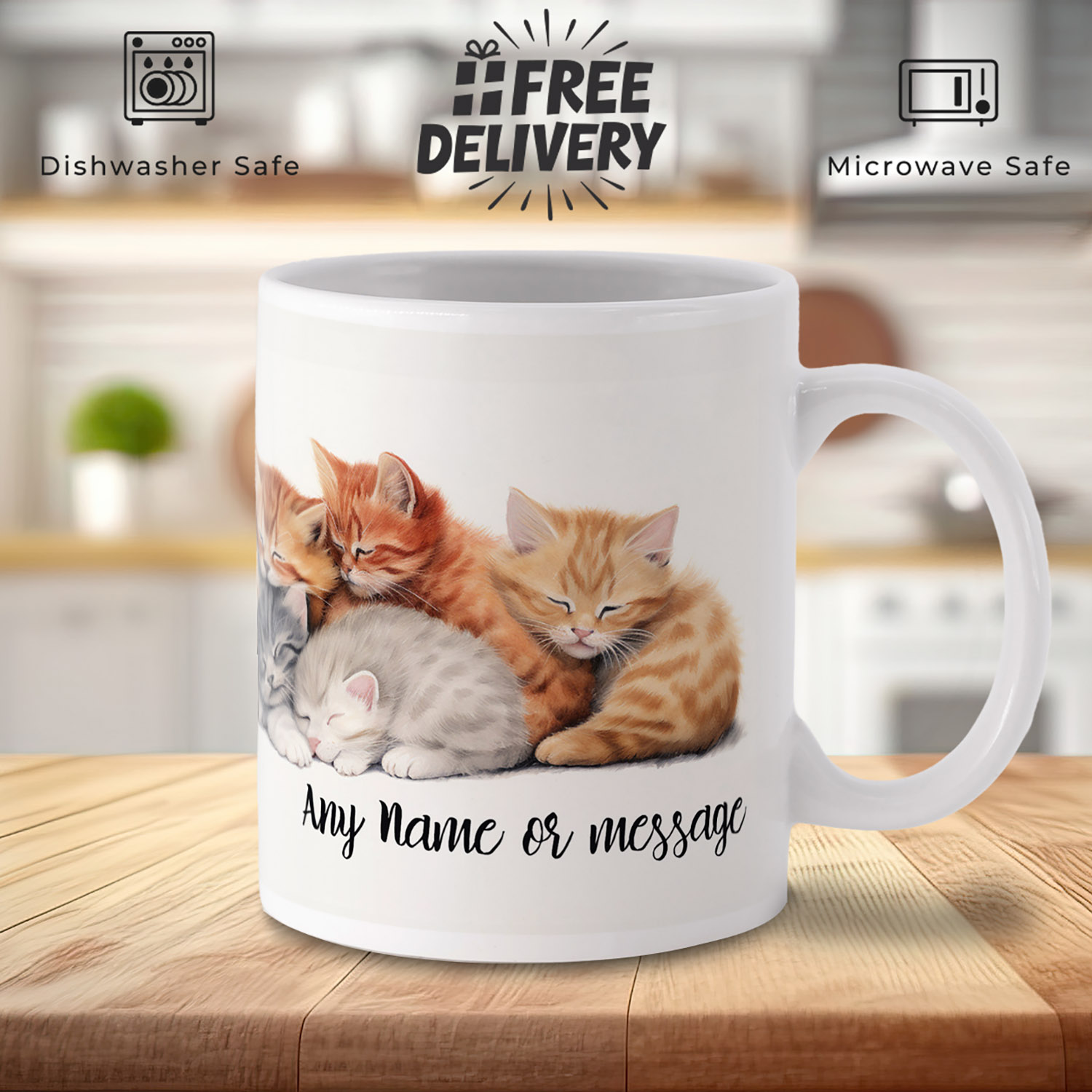 Personalised 11oz Mug with Cute Sleeping Kittens Design