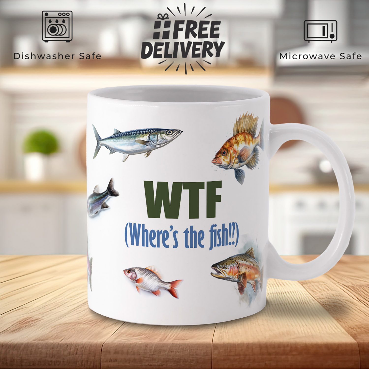 WTF Where's the Fish Mug - Fun Gift for Fishing Lovers