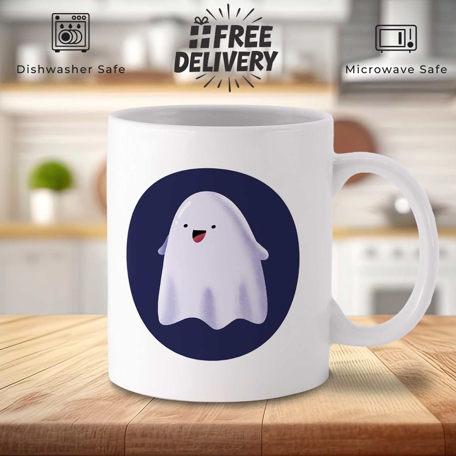 Adorable Blue Ghost Badge Mug for Spooky Coffee Lovers