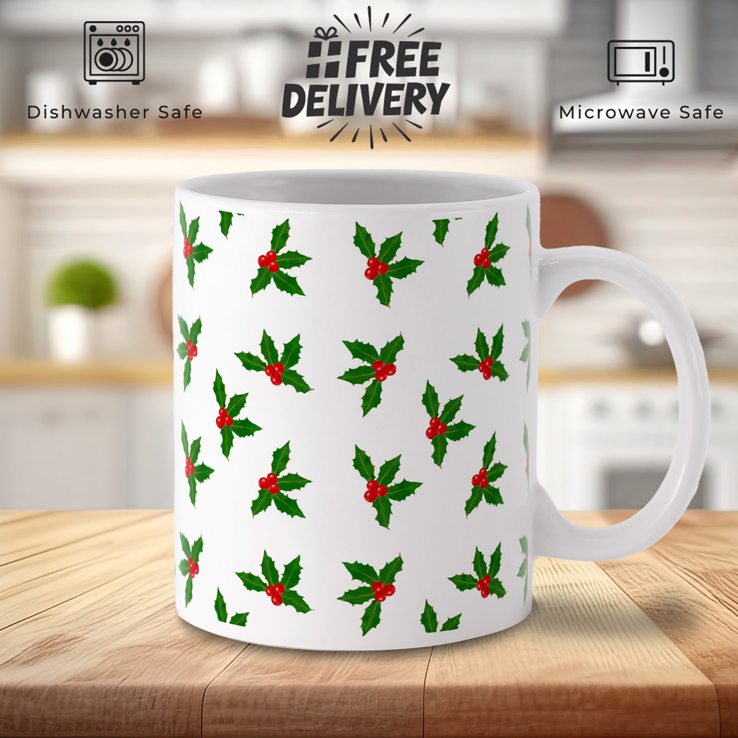 Festive Holly Pattern Mug - Perfect for Christmas Cheer