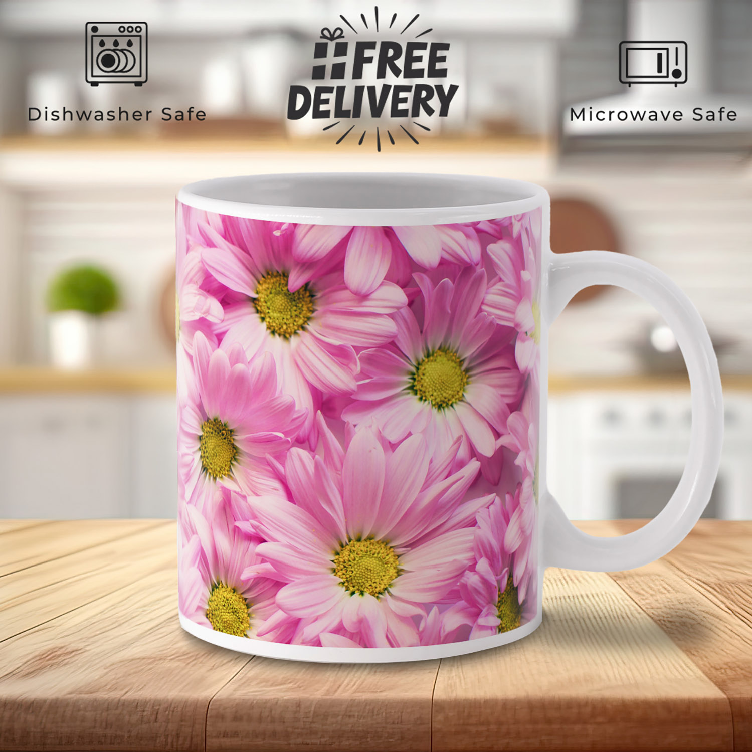 Charming Pink Daisy Full Wrap Mug for Floral Lovers