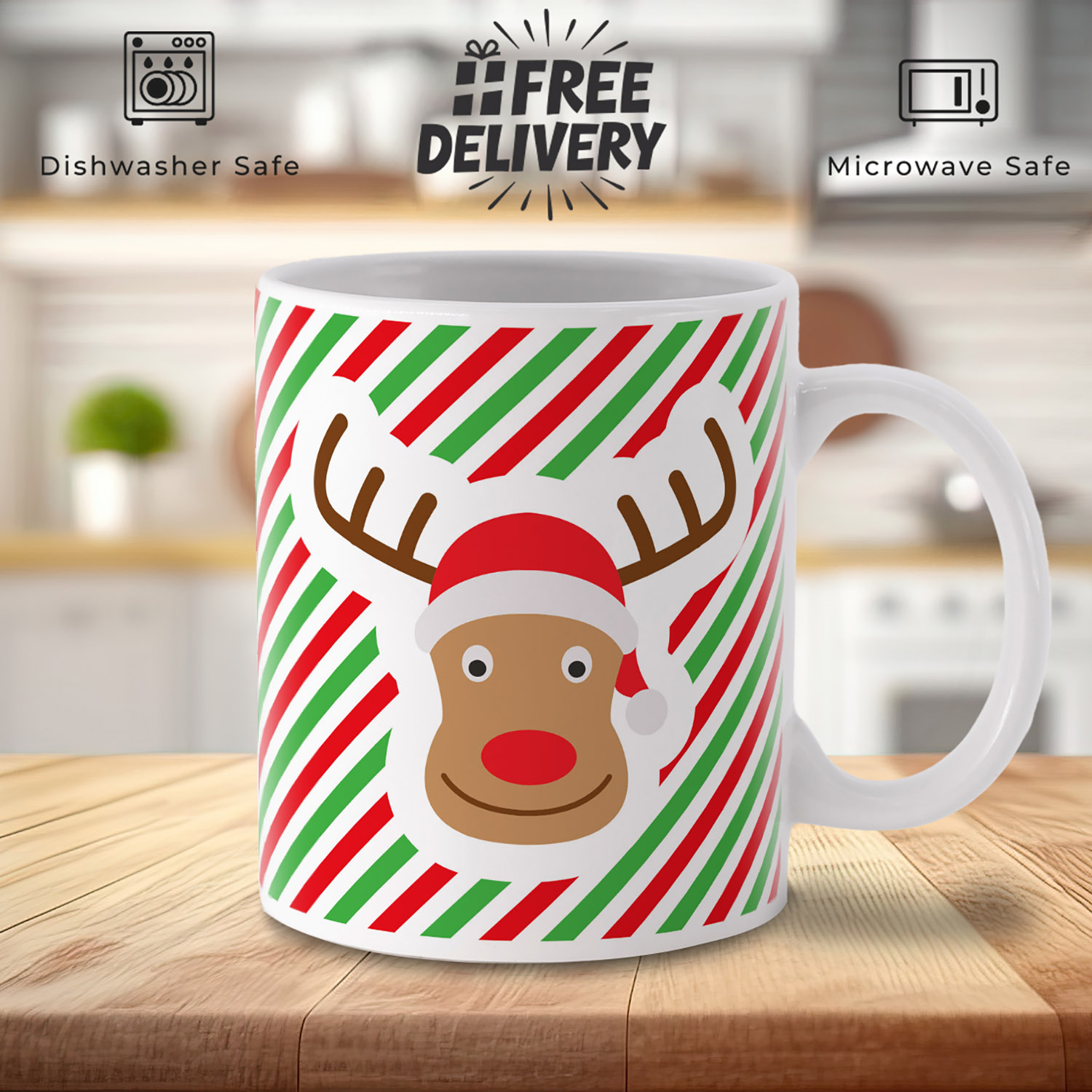 Festive Reindeer Mug - Green & Red Stripes for Holiday Cheer