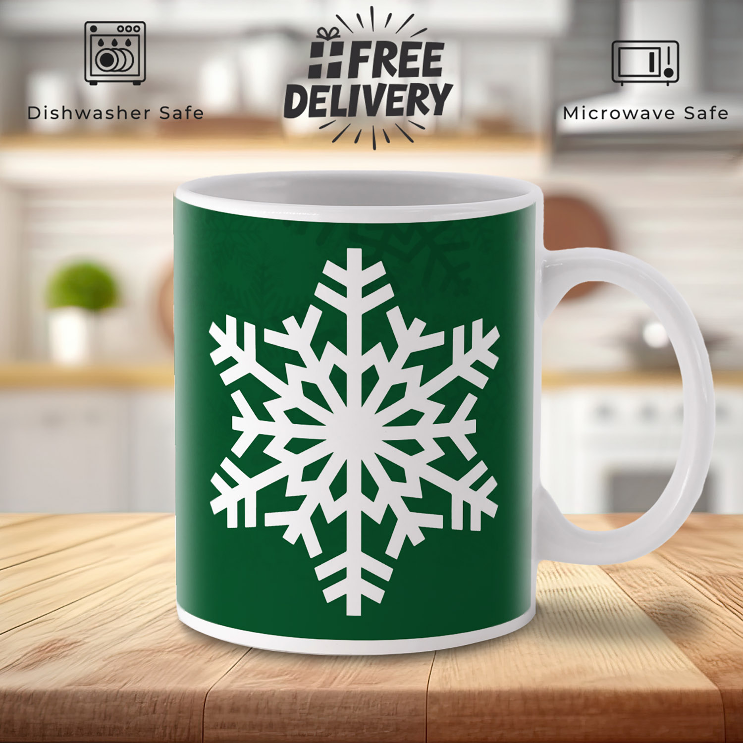 Charming Snowflake Mug on Green - Perfect Winter Gift