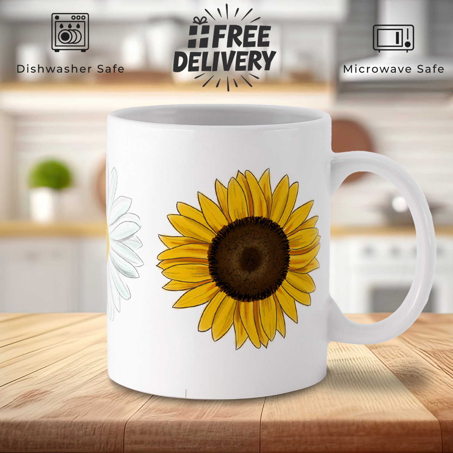 Charming Illustrated Sunflower & Daisy Mug for Flower Lovers