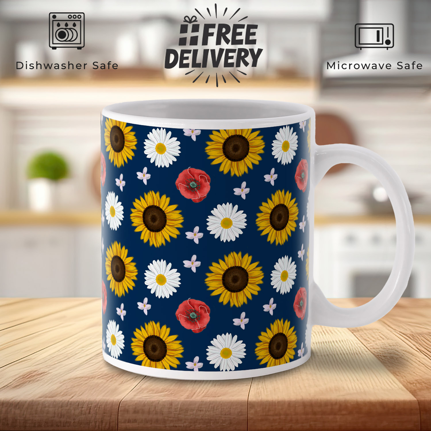 Floral Dark Blue Mug: Sunflower, Poppy & Daisy Design