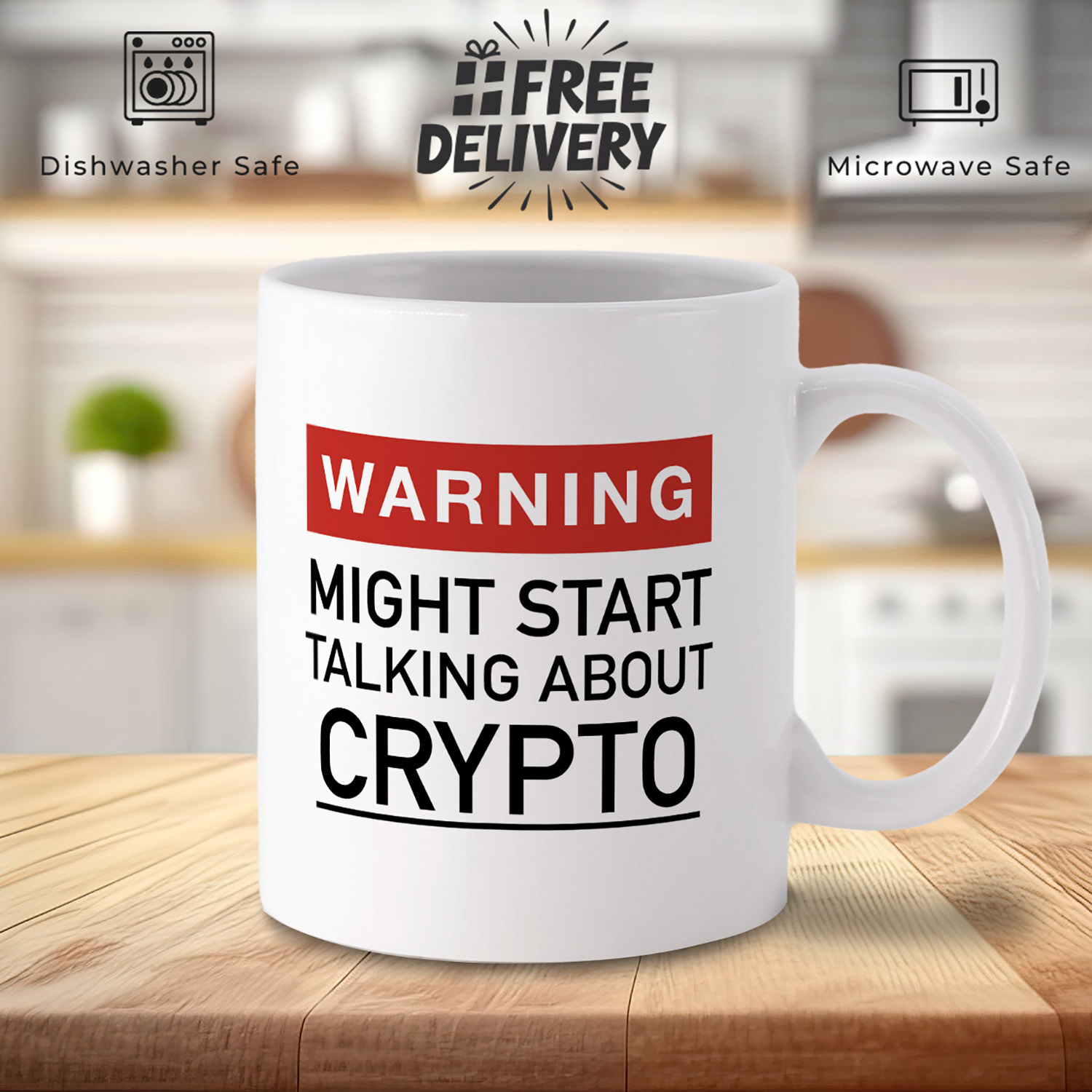 Crypto Enthusiast Mug: 'Warning - Might Start Talking' Design