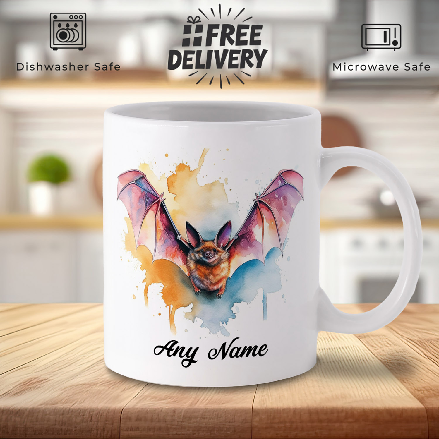 Whimsical Bat Watercolour Mug for Nature Lovers