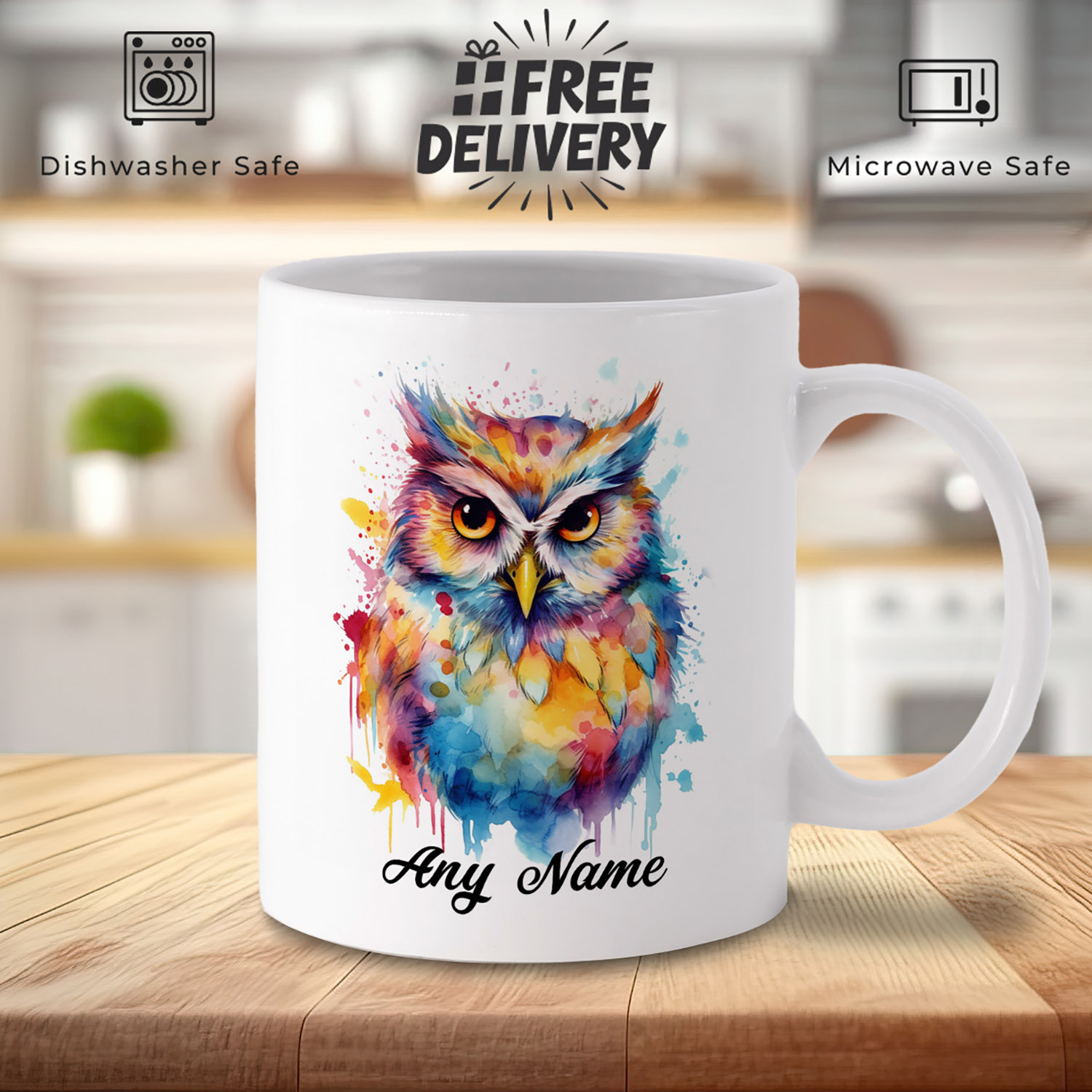 Personalised Watercolour Owl Mug - Unique Gift for Owl Lovers