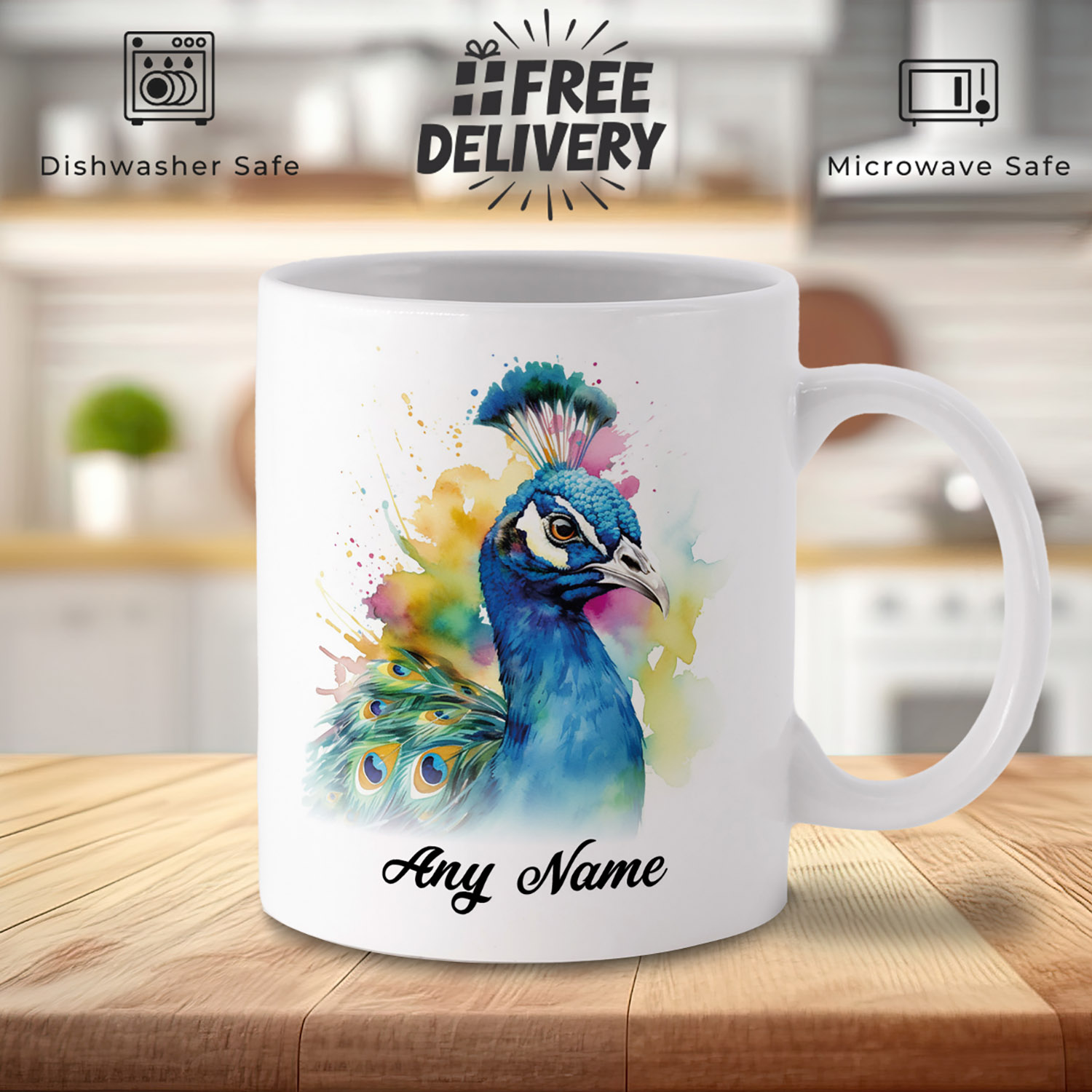 Personalised Watercolour Peacock Mug - Unique Gift Idea