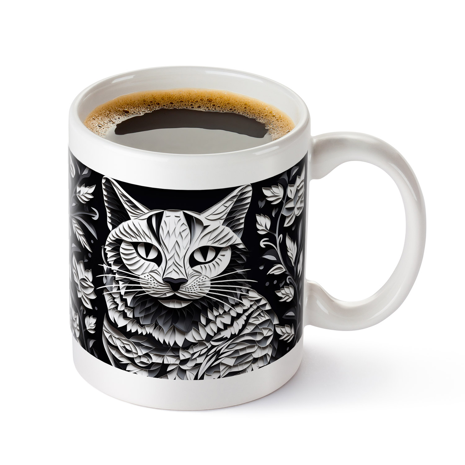 Monochrome Cat Mug - Elegant 11oz Ceramic for Cat Lovers