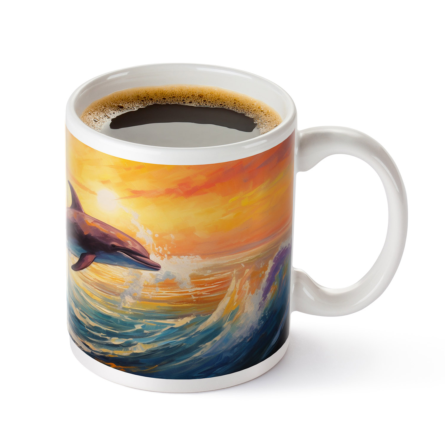 Dolphin Sunset Dreamscape Mug - 11oz Ceramic Gift for Ocean Lovers