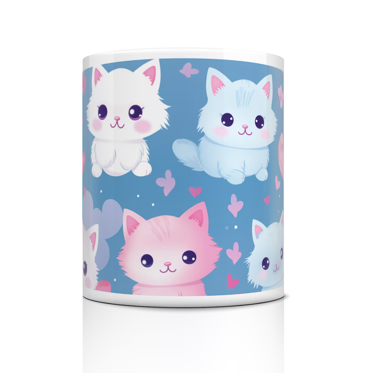 Charming Cat Hearts Mug - Cute Pink & Blue Ceramic Gift