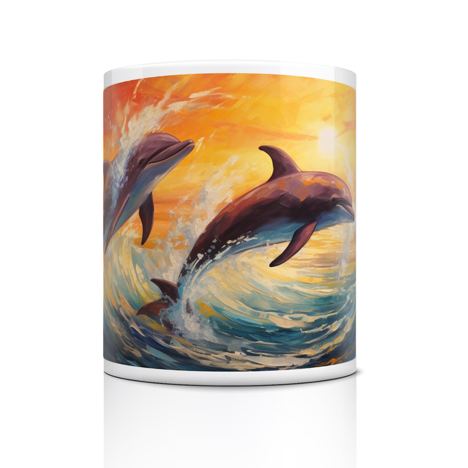 Dolphin Sunset Dreamscape Mug - 11oz Ceramic Gift for Ocean Lovers