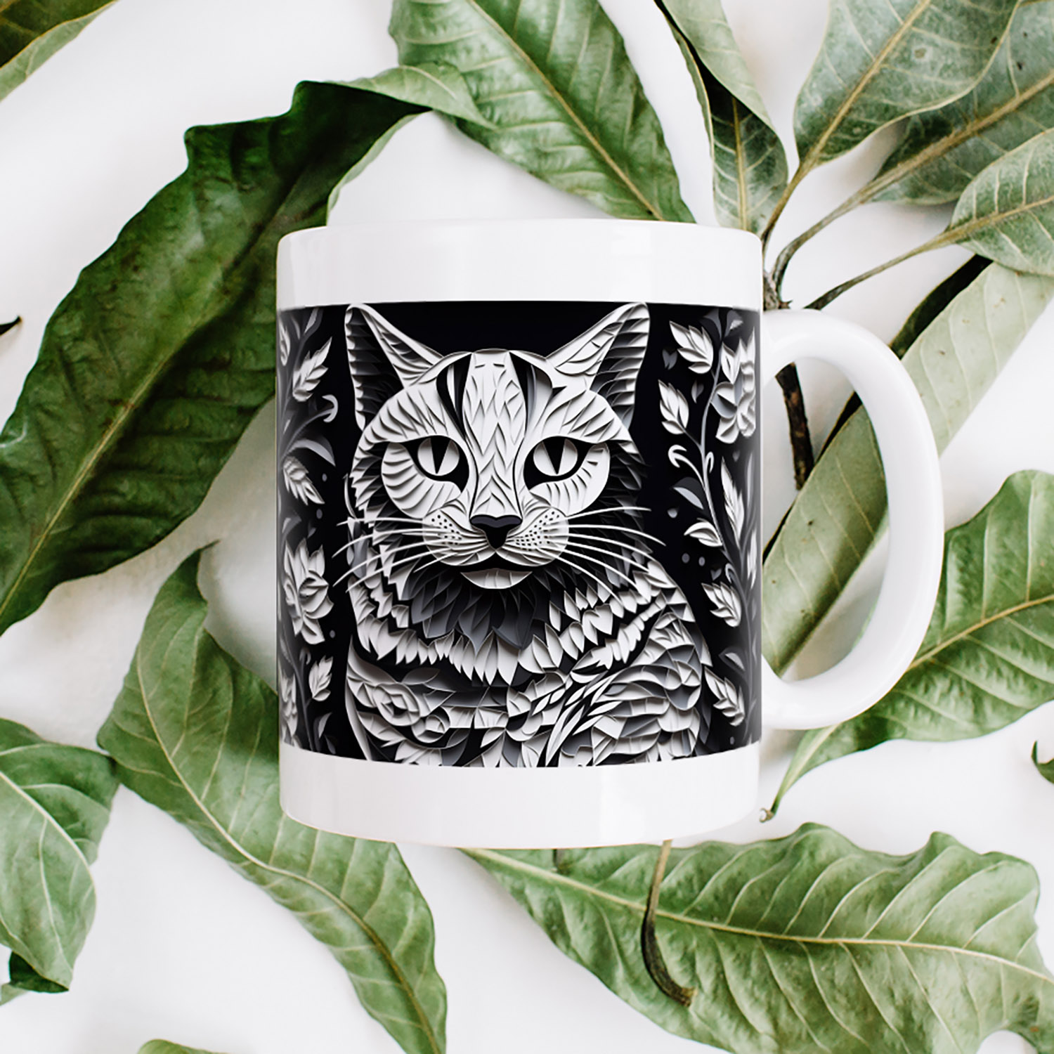 Monochrome Cat Mug - Elegant 11oz Ceramic for Cat Lovers