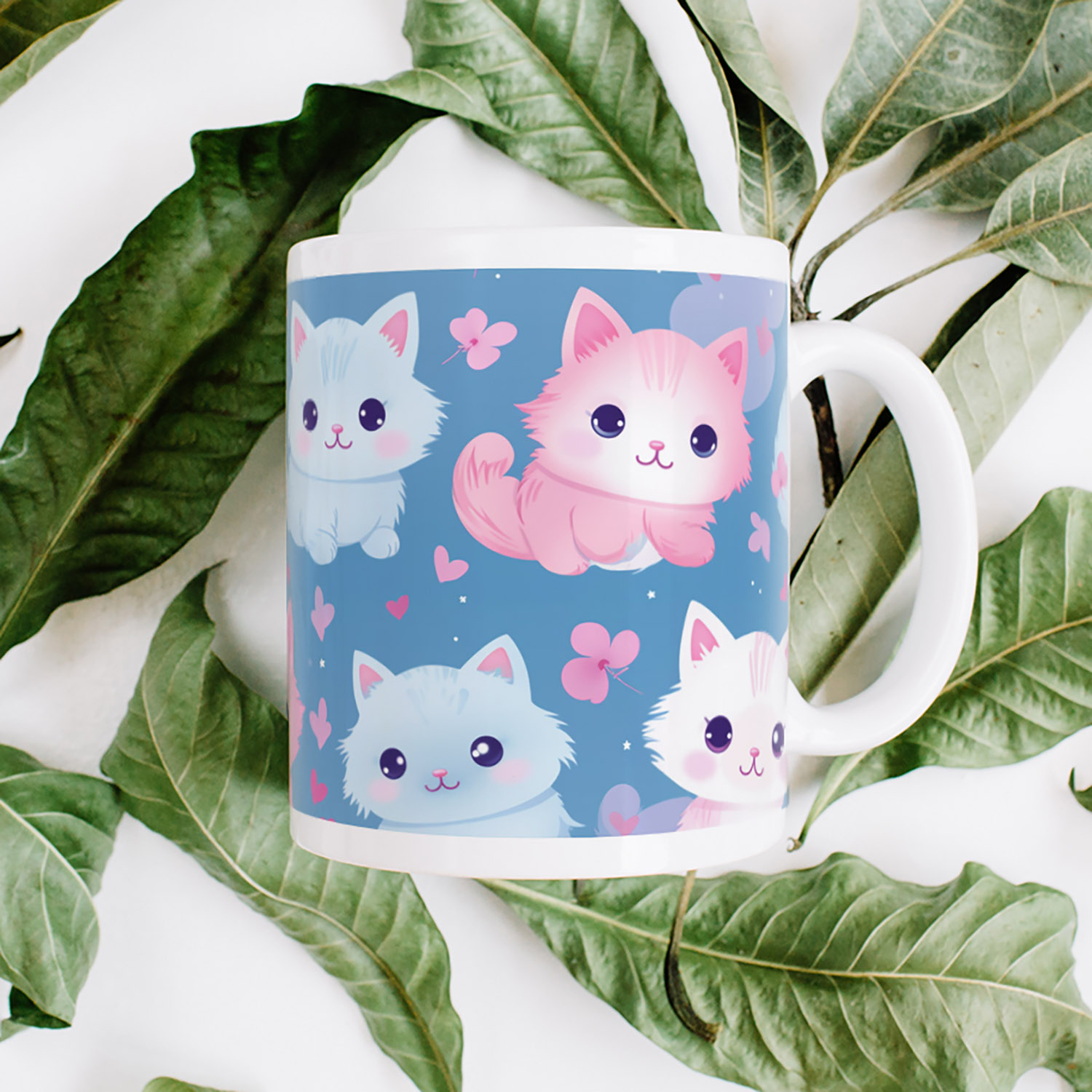 Charming Cat Hearts Mug - Cute Pink & Blue Ceramic Gift
