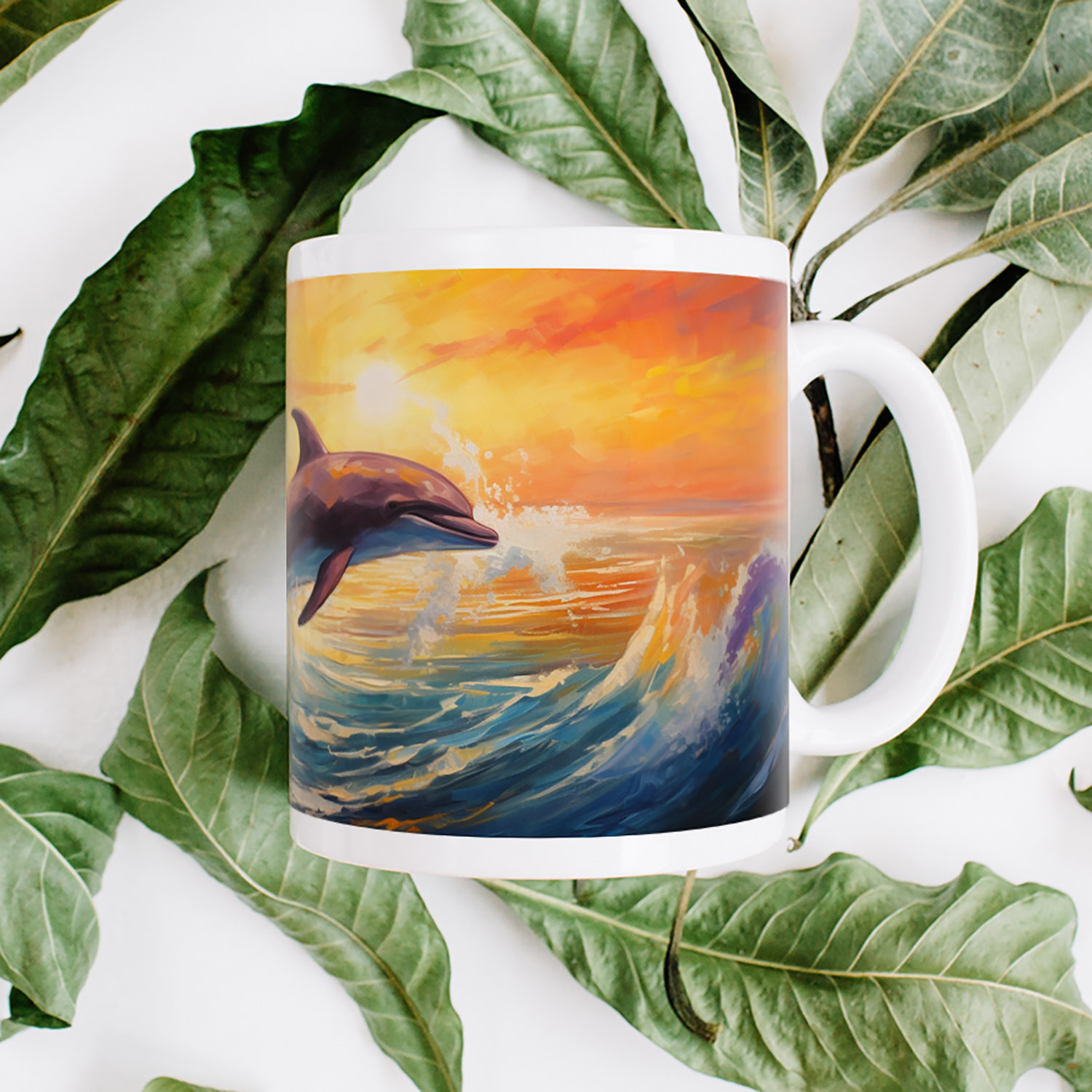 Dolphin Sunset Dreamscape Mug - 11oz Ceramic Gift for Ocean Lovers
