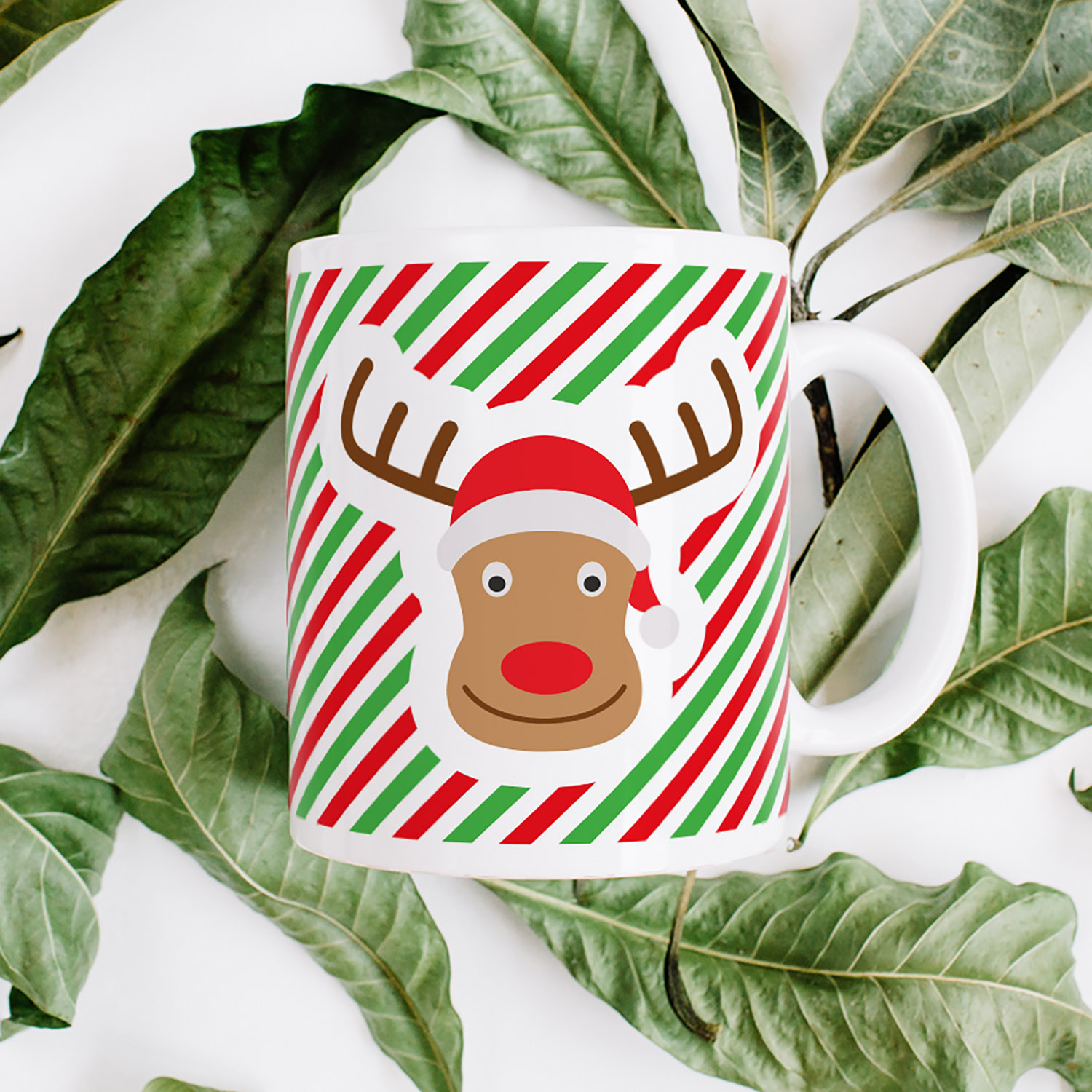 Festive Reindeer Mug - Green & Red Stripes for Holiday Cheer