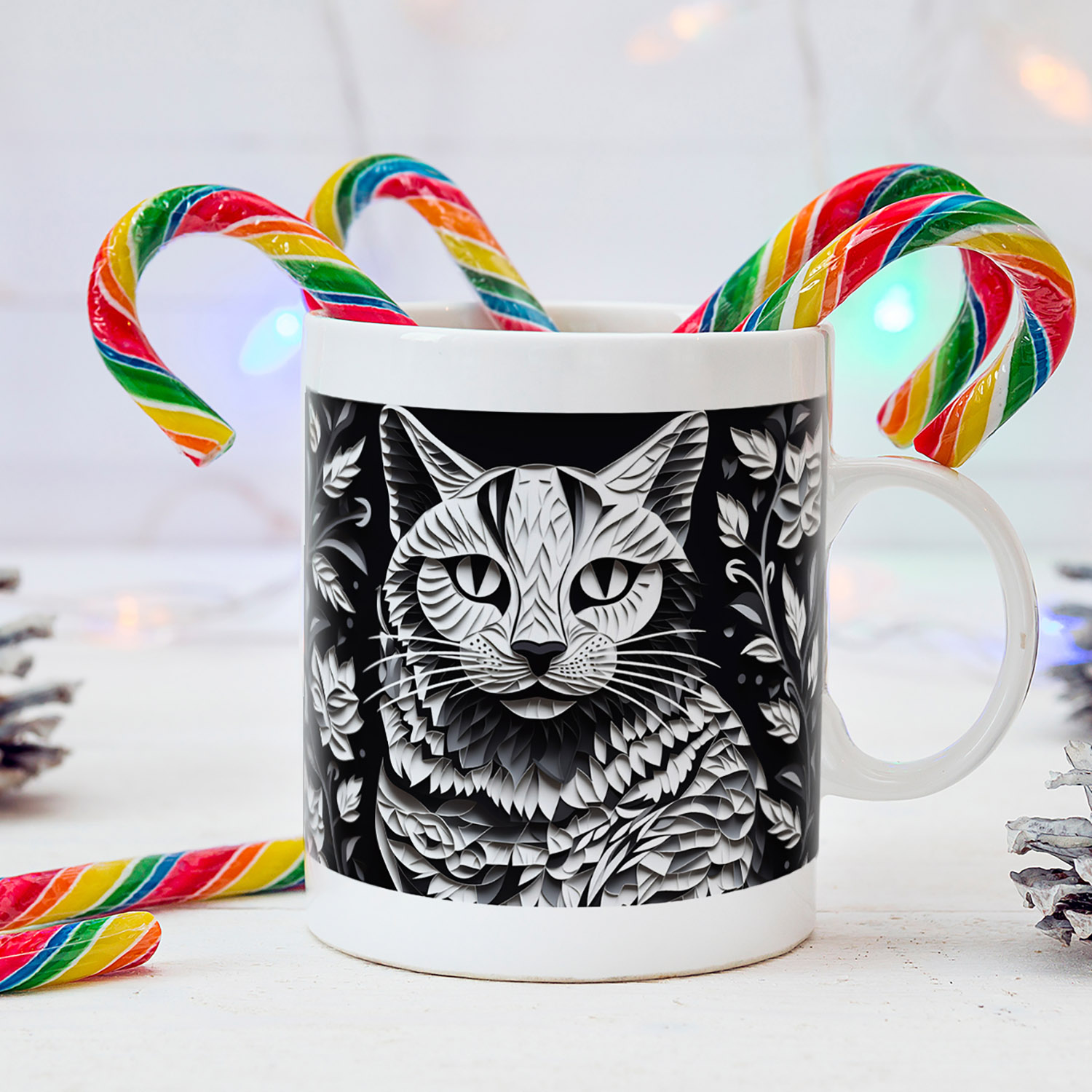 Monochrome Cat Mug - Elegant 11oz Ceramic for Cat Lovers