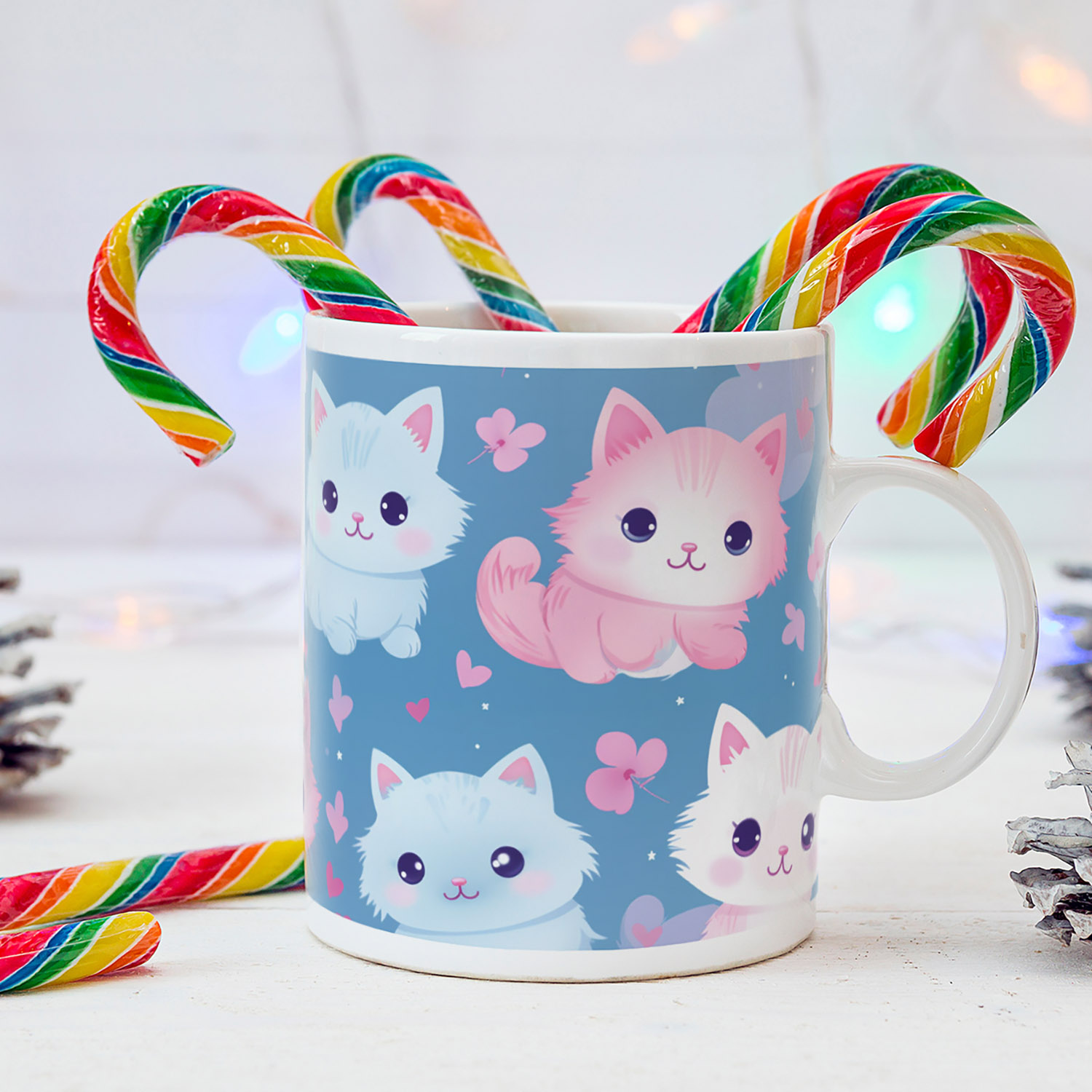 Charming Cat Hearts Mug - Cute Pink & Blue Ceramic Gift