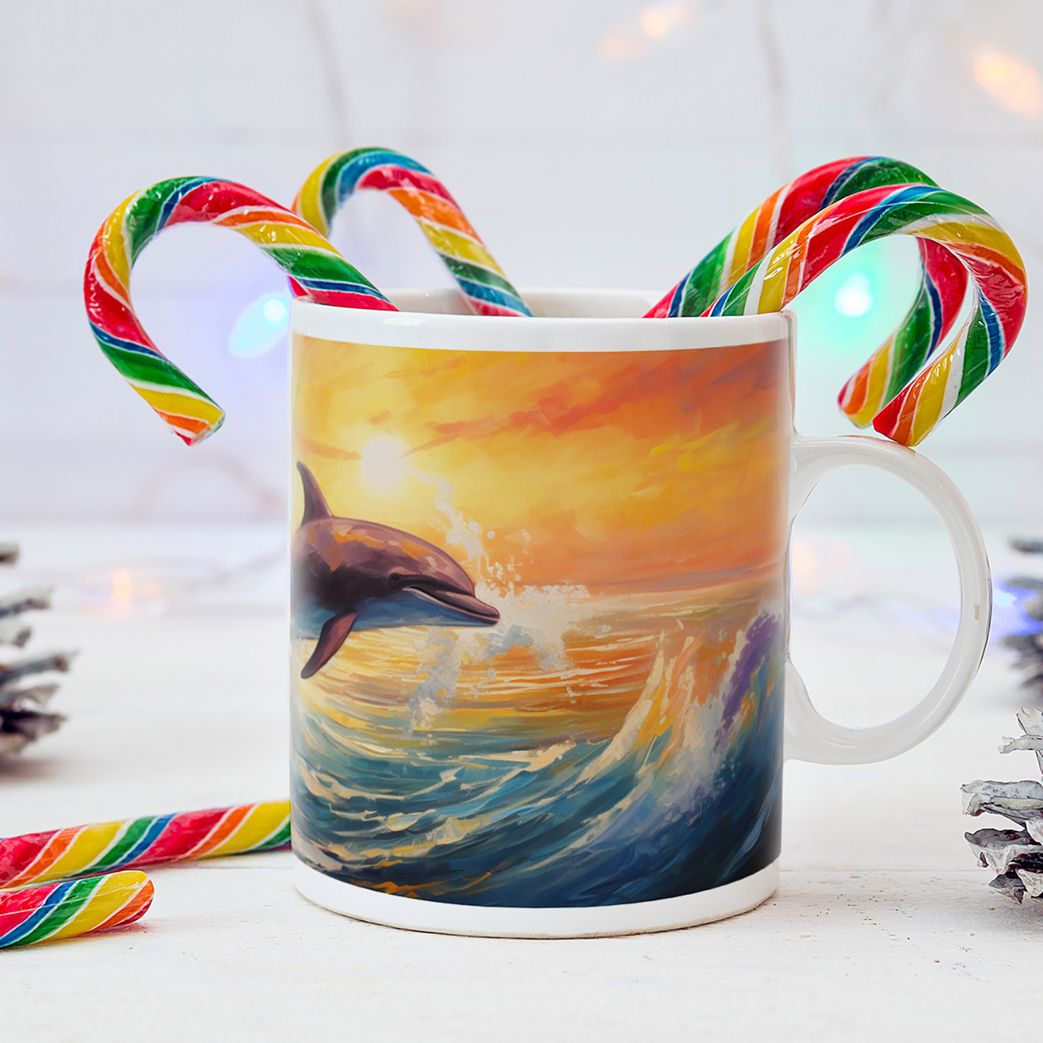 Dolphin Sunset Dreamscape Mug - 11oz Ceramic Gift for Ocean Lovers